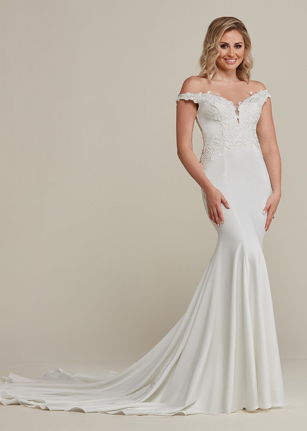 Sienna Off The Shoulder Lace Wedding Dress - Elegant Fit & Flare Gown with Plunging Neckline for Bridesmaids, Prom, Evening Gala & Special Occasions