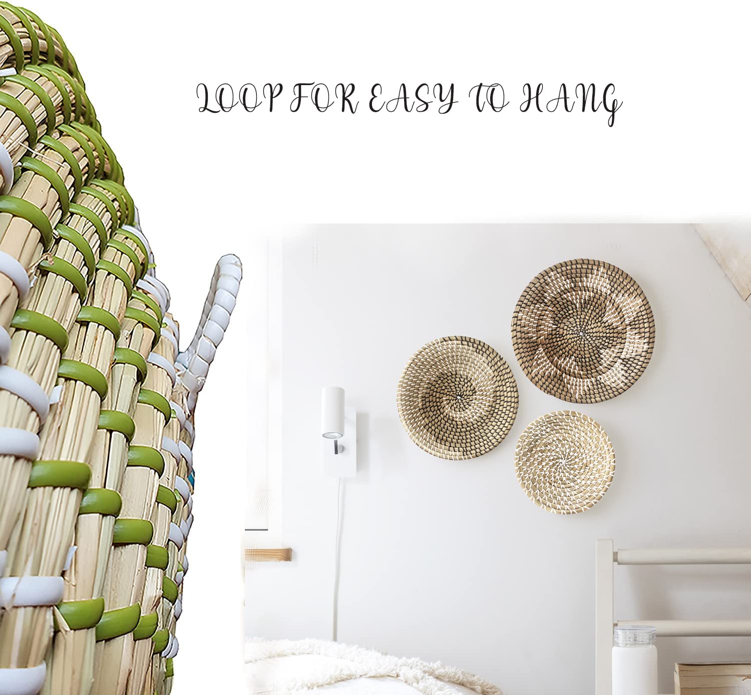 Boho Wicker Baskets Set of 3 - Natural Seagrass Wall Décor for Kitchen, Bedroom & Living Room