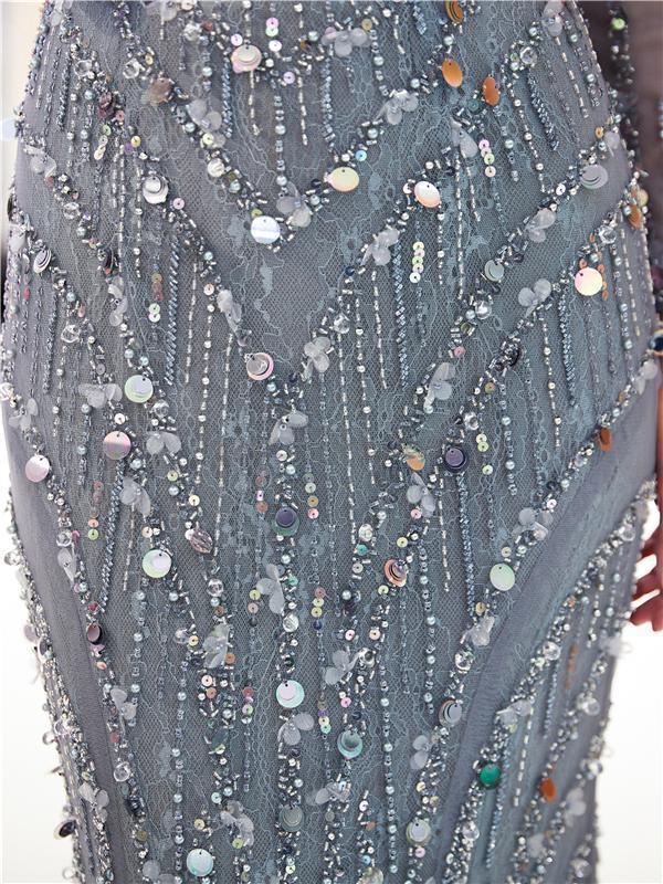 Elegant Long Sleeve Grey Rhinestone Beaded Mermaid Prom Dress for Evening Party & Formal Events - Perfect for Homecoming, Wedding Guest, and Special Occasions
