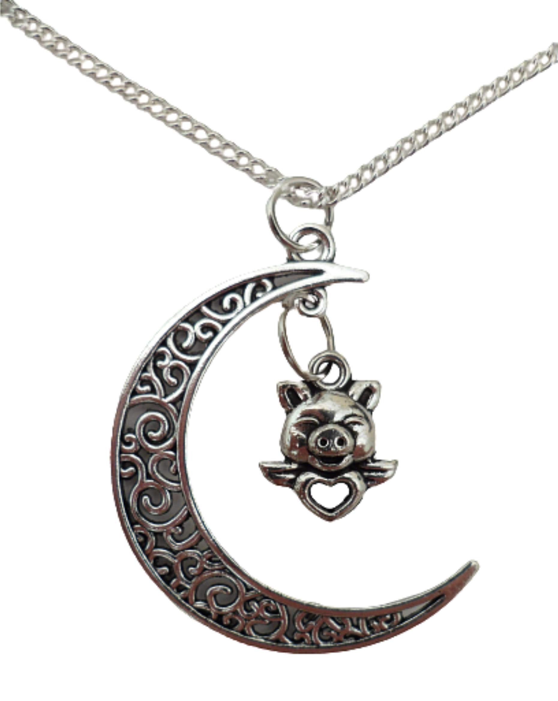 Silver Plated Pig Charm Necklace with Crescent Moon Pendant - Perfect for Birthday Gifts, Valentine's Day & Everyday Jewelry