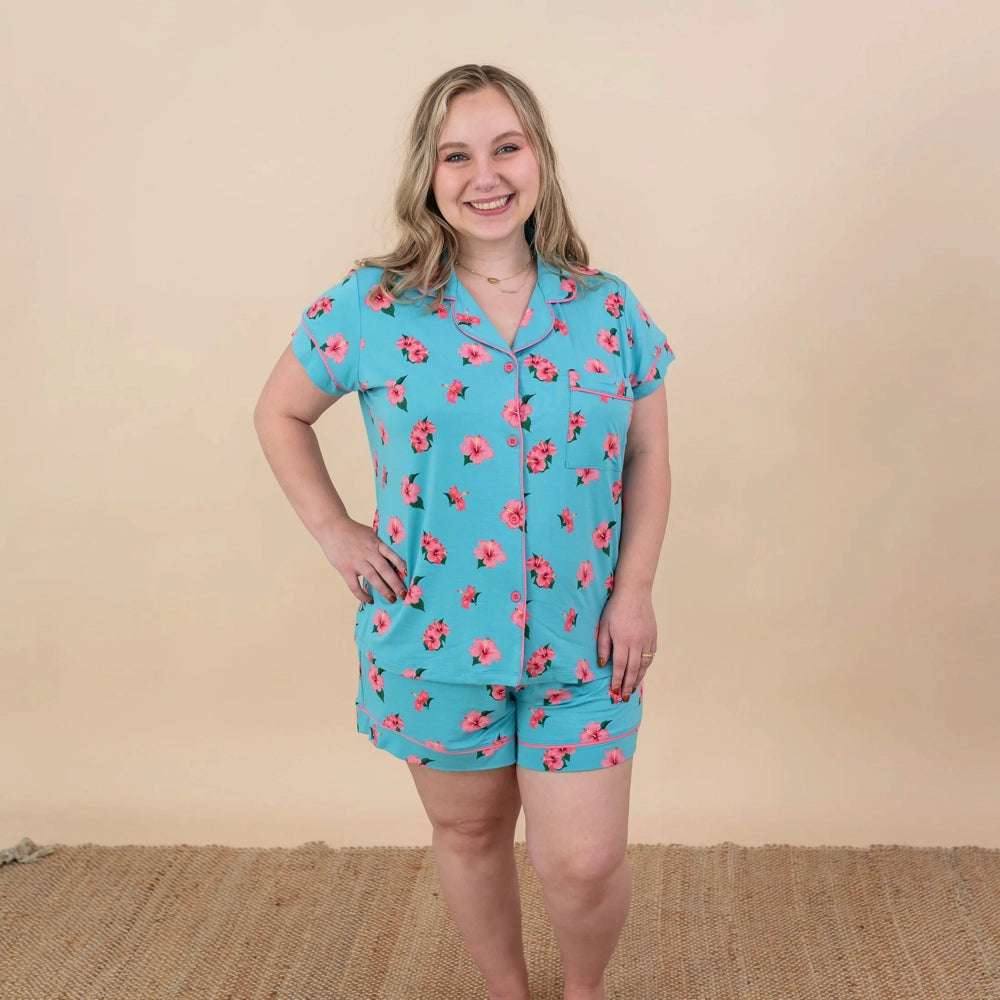 Kyte Mama Women's Short Sleeve Pajama Set - Soft & Breathable Cotton Sleepwear for Women, Hibiscus Floral Print - Perfect for Lounge, Sleep & Relaxation at Home