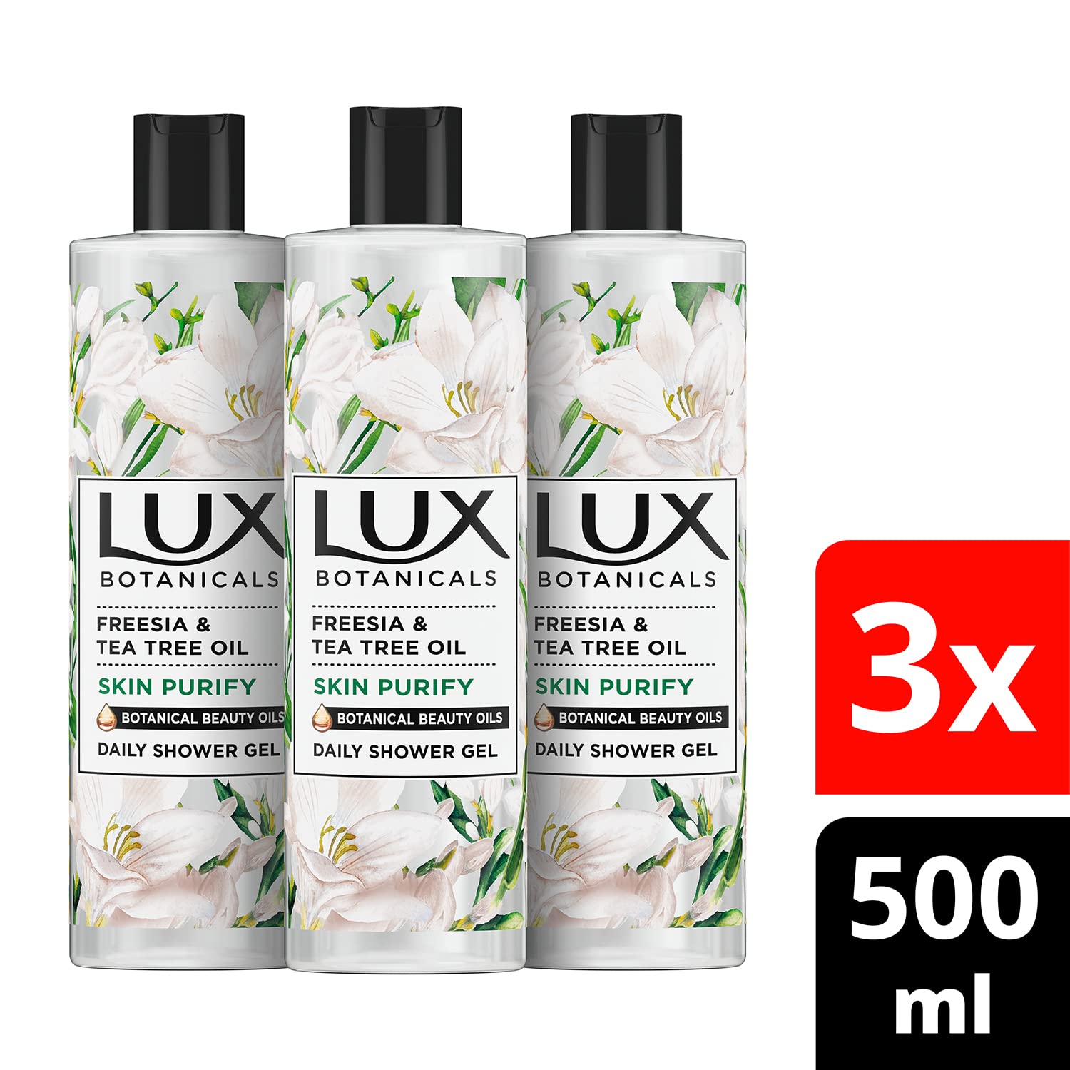 **Lux Botanicals Natural Body Wash - 94% Natural Origin, Freesia & Tea Tree Oil Scent, 3x 500ml for Daily Shower, Fresh & Radiant Skin | Ideal for Sensitive Skin & Aromatherapy Relaxation**