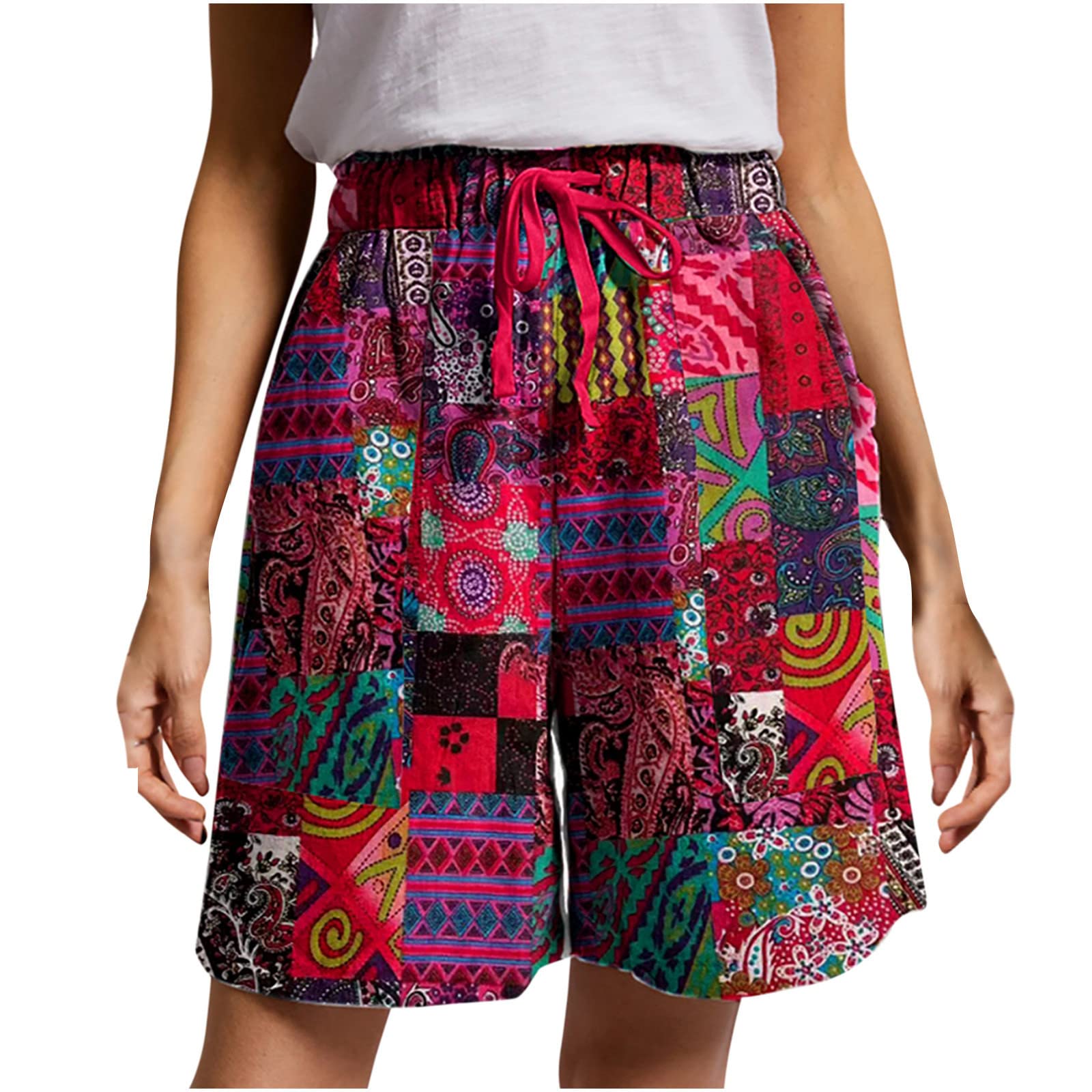 Vintage Women's High Waist Bermuda Shorts - Boho Ethnic Beach Linen Lounge Shorts for Summer | Knee Length Casual Shorts for Travel, Yoga & Relaxation