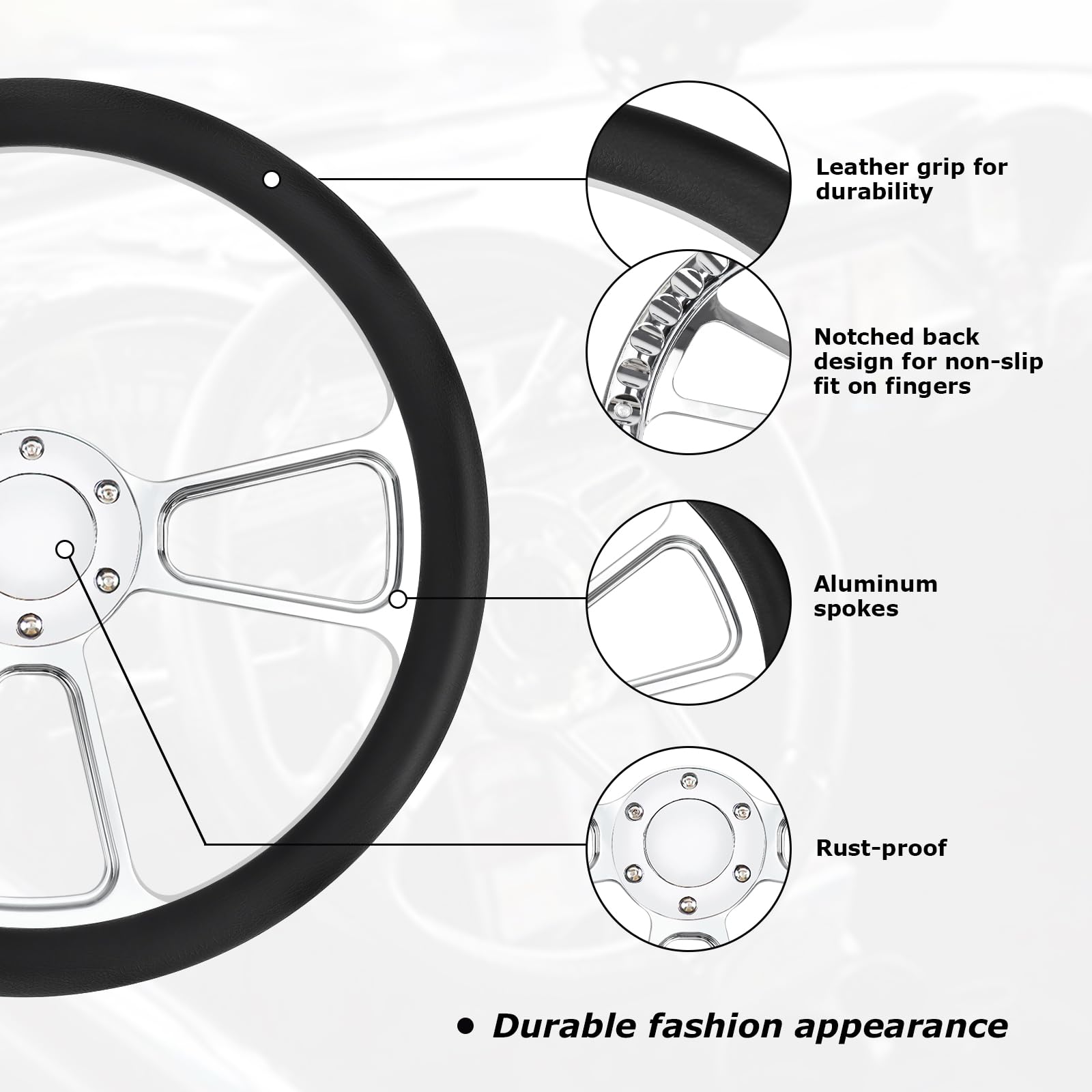 14 Inch Universal 6-Hole Silver Aluminum 3-Spoke Muscle Style Racing Steering Wheel with Horn Button & Leather Grip - Perfect for Car Enthusiasts, Racing Simulators & Custom Vehicle Upgrades