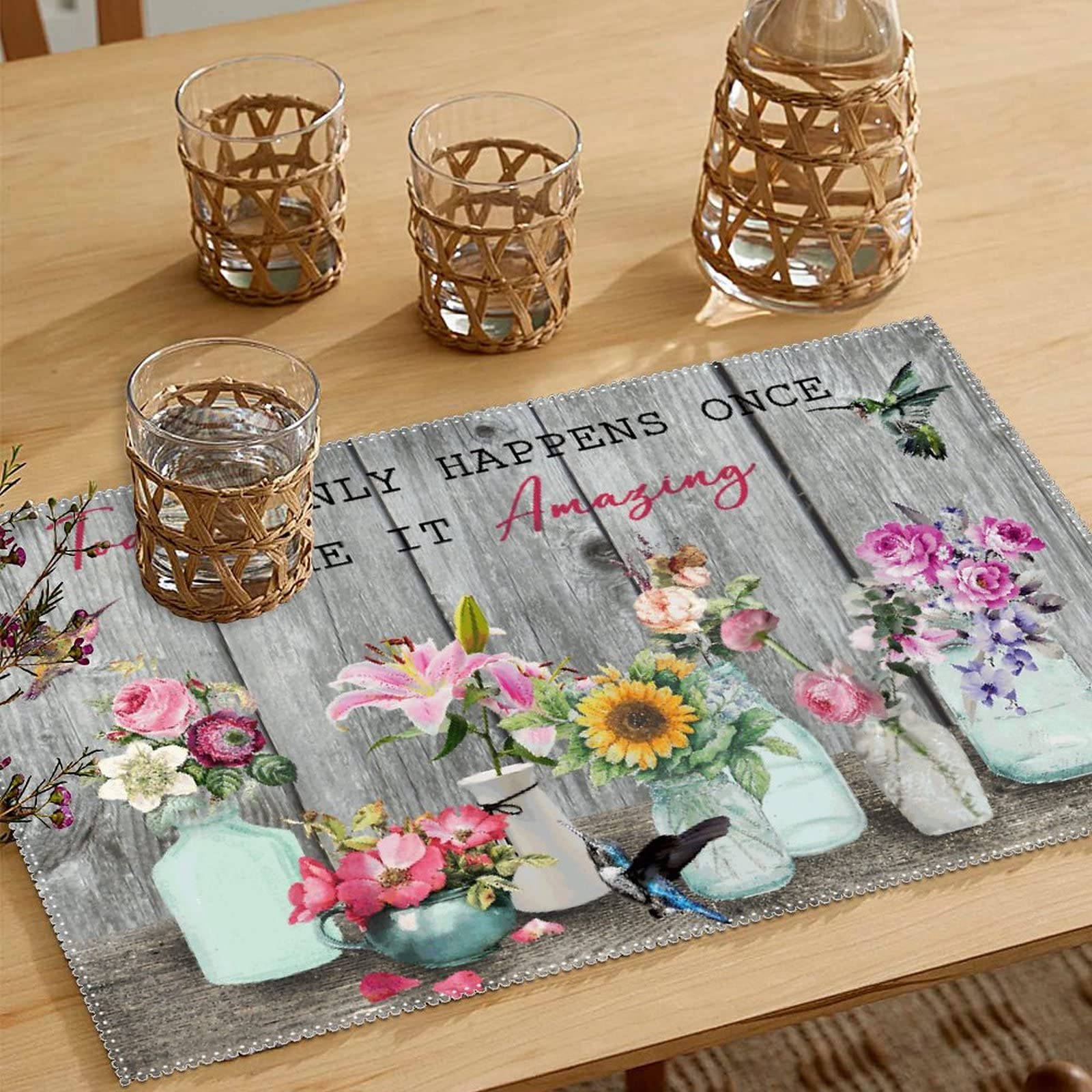 4-Pack Heat Resistant Hummingbird Floral Placemats - Waterproof Outdoor Dining Mats for Kitchen, Banquet & Picnic Use - Elegant Table Decor Set for Everyday Meals and Special Occasions