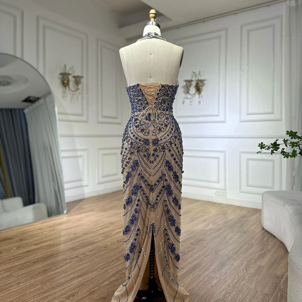 Elegant Blue Halter Neck Crystal Beaded Evening Gown LA72760 - Perfect for Prom, Gala, and Formal Events