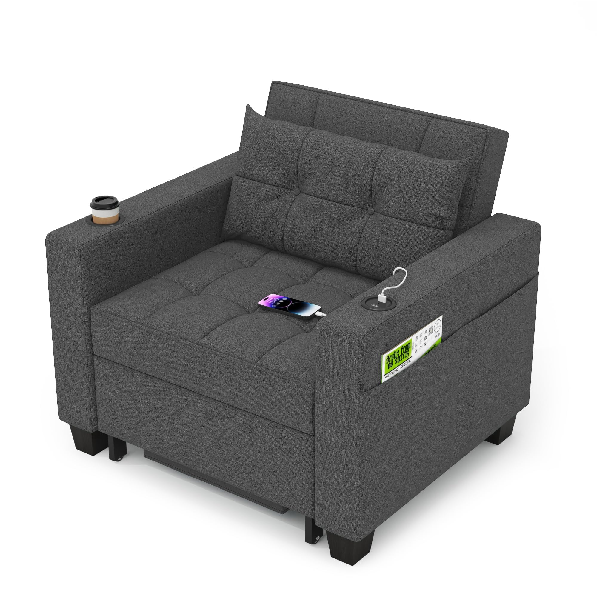 DURASPACE 39 Inch Convertible 3-in-1 Futon Chair Bed - Pull Out Sleeper Sofa with USB Charging, Reading Recliner & Armchair for Living Room, Dorm, Small Space (Dark Gray Linen Fabric) | Perfect for Guest Rooms, Studio Apartments & Cozy Reading Nooks
