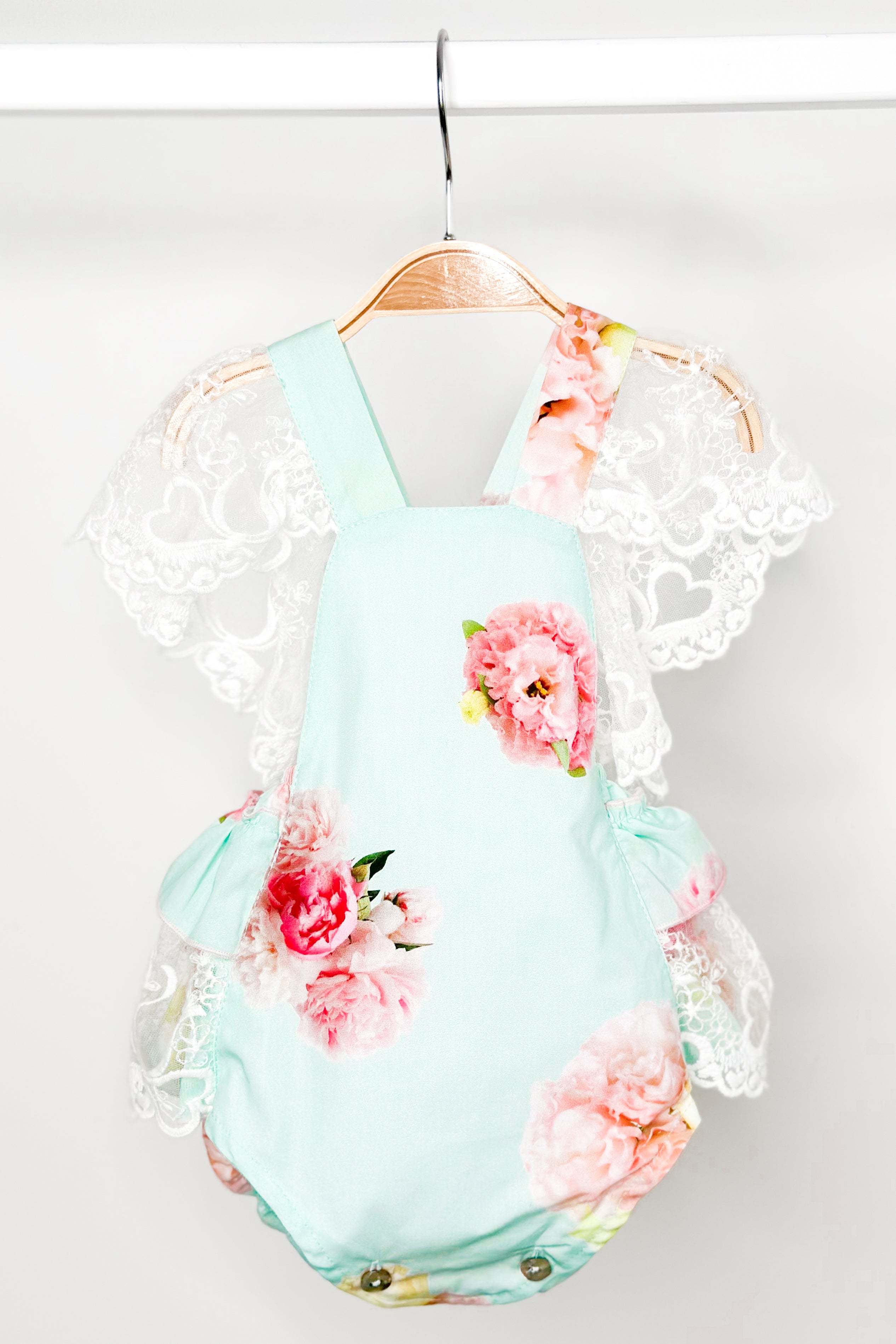 Stylish Peaches Aquamarine Pink Peony Lace Dungaree Romper Jumpsuit for Women - Perfect for Summer Outfits, Beach Vacations & Boho Fashion