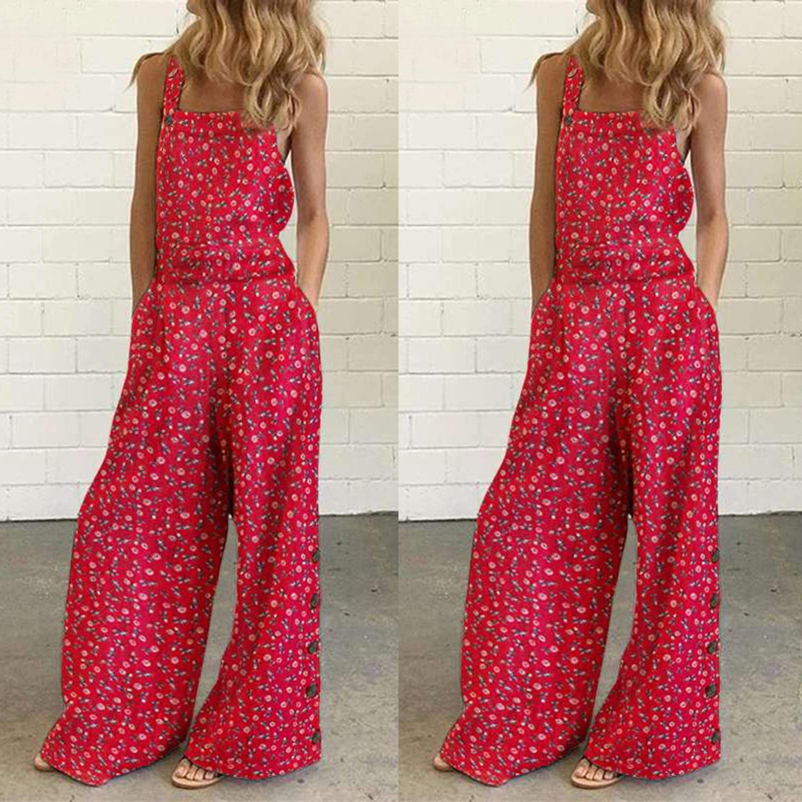 Floral Printed Jumpsuits for Women - Casual Sleeveless Spaghetti Strap Romper with Baggy Bib Overalls & Wide Leg Pants - Plus Size Summer Outfit for Beach, Vacation and Outdoor Activities