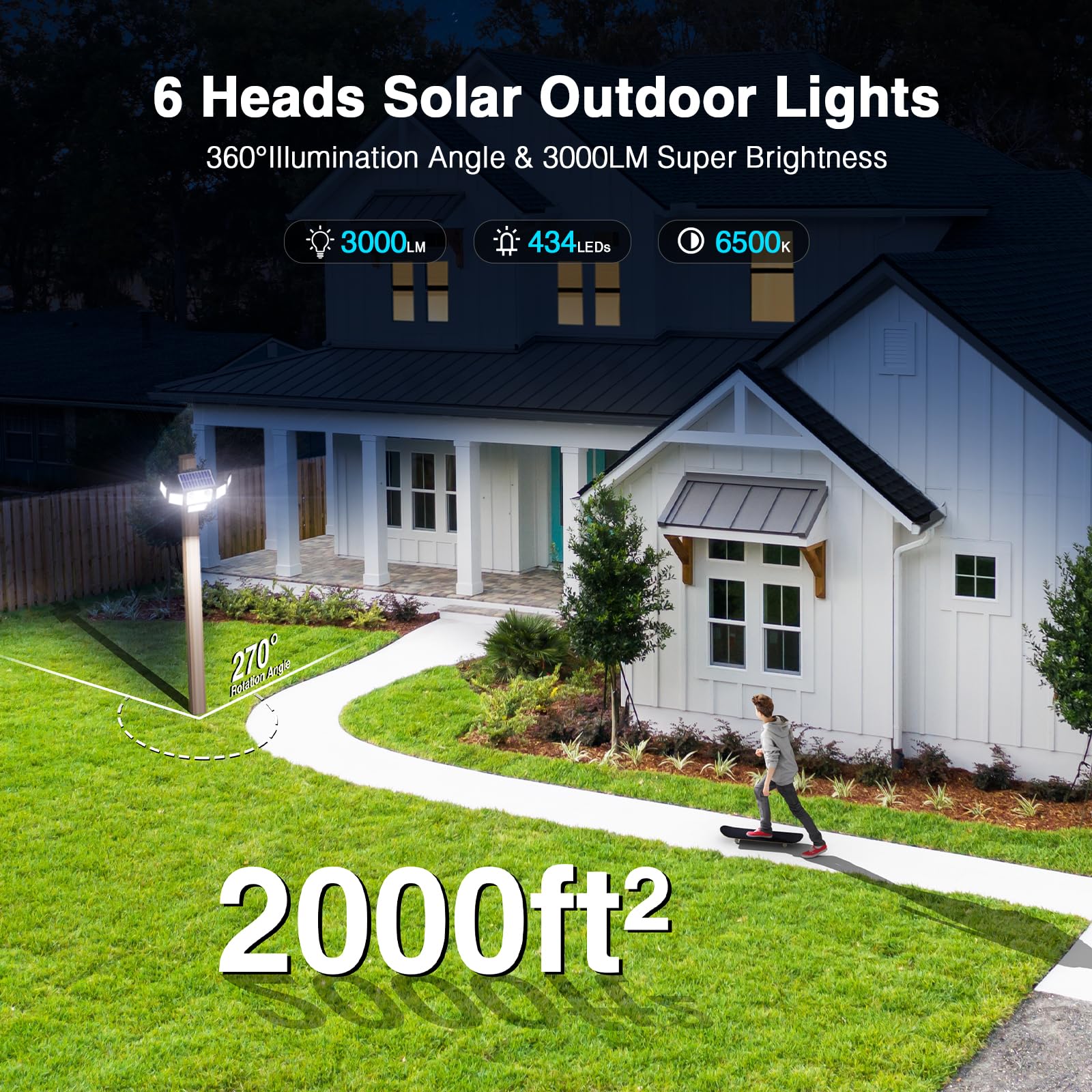 434 LED 3000LM Solar Flood Lights Outdoor Waterproof - 2 Pack with Motion Sensor & Remote Control | 6 Heads Security Lighting for Yard, Garage, House Exterior | Ideal for Pathway, Driveway & Backyard Safety