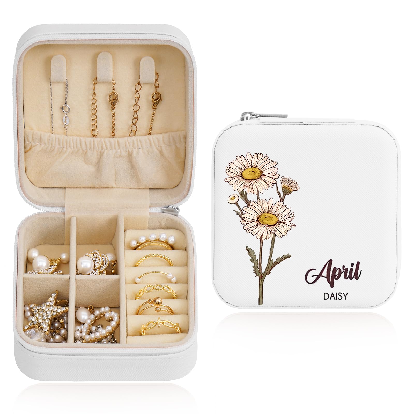 Personalized Jewelry Box for Women - Custom Engraved Name & Birthday Flower Jewelry Organizer Gift for Mom, Wife, Daughter | Perfect for Birthday, Anniversary, Mother's Day (White)