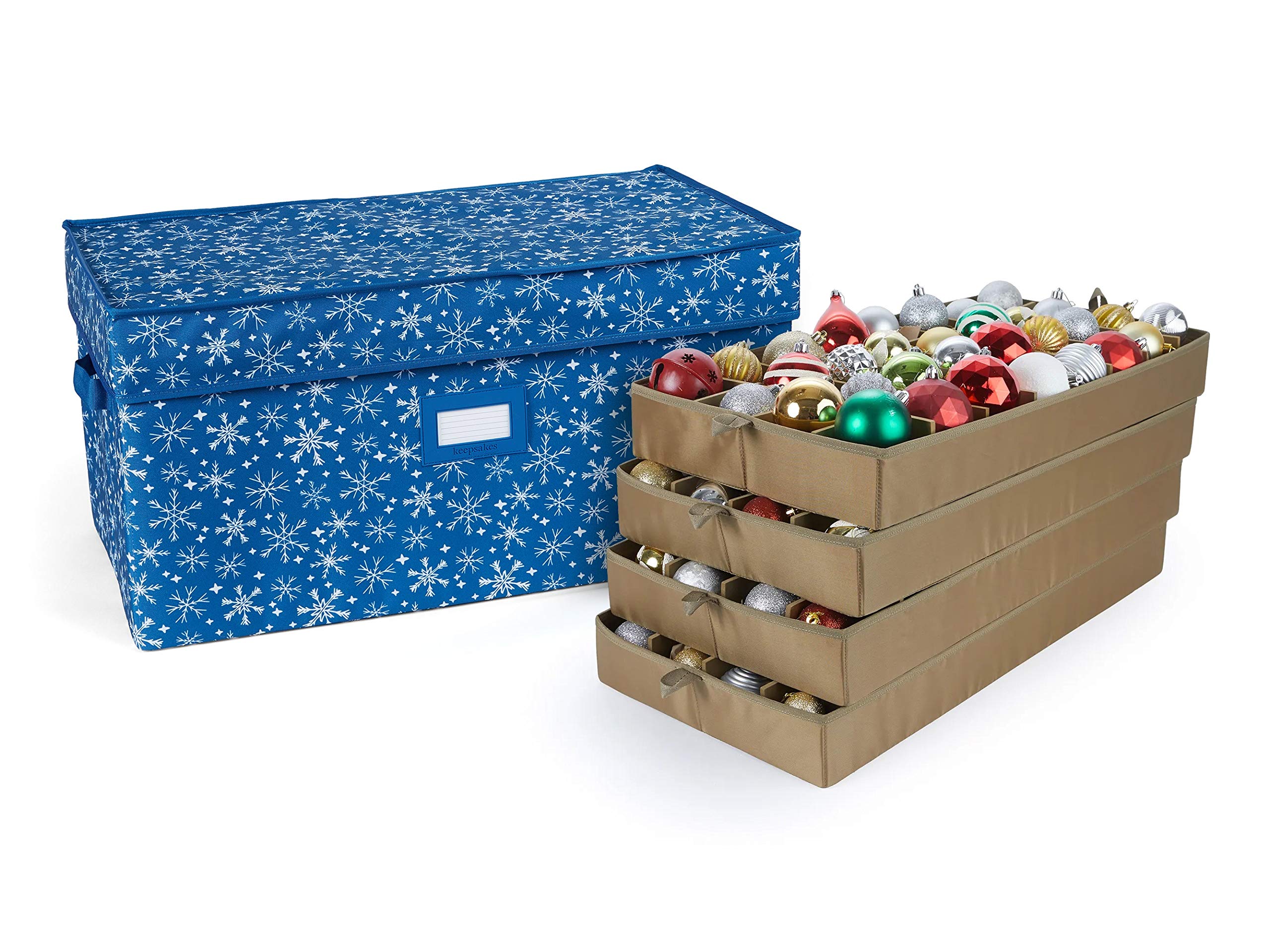 Covermates Keepsakes Adjustable Ornament Storage Box with Carrying Handles & Padded Protection - Holiday Decoration Organizer for Christmas Tree Ornaments (Blue Snowflake Design) - Perfect for Seasonal Storage & Home Organization