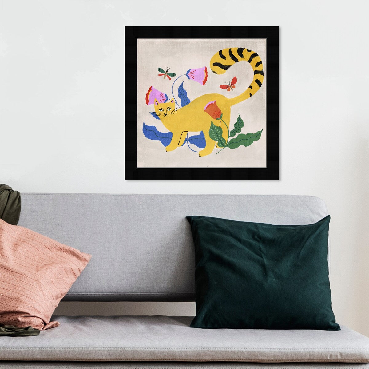 Blonde Tabby Floral Kitten Butterfly Garden Modern Yellow Framed Wall Art Print - Perfect for Bedroom, Nursery & Home Decor