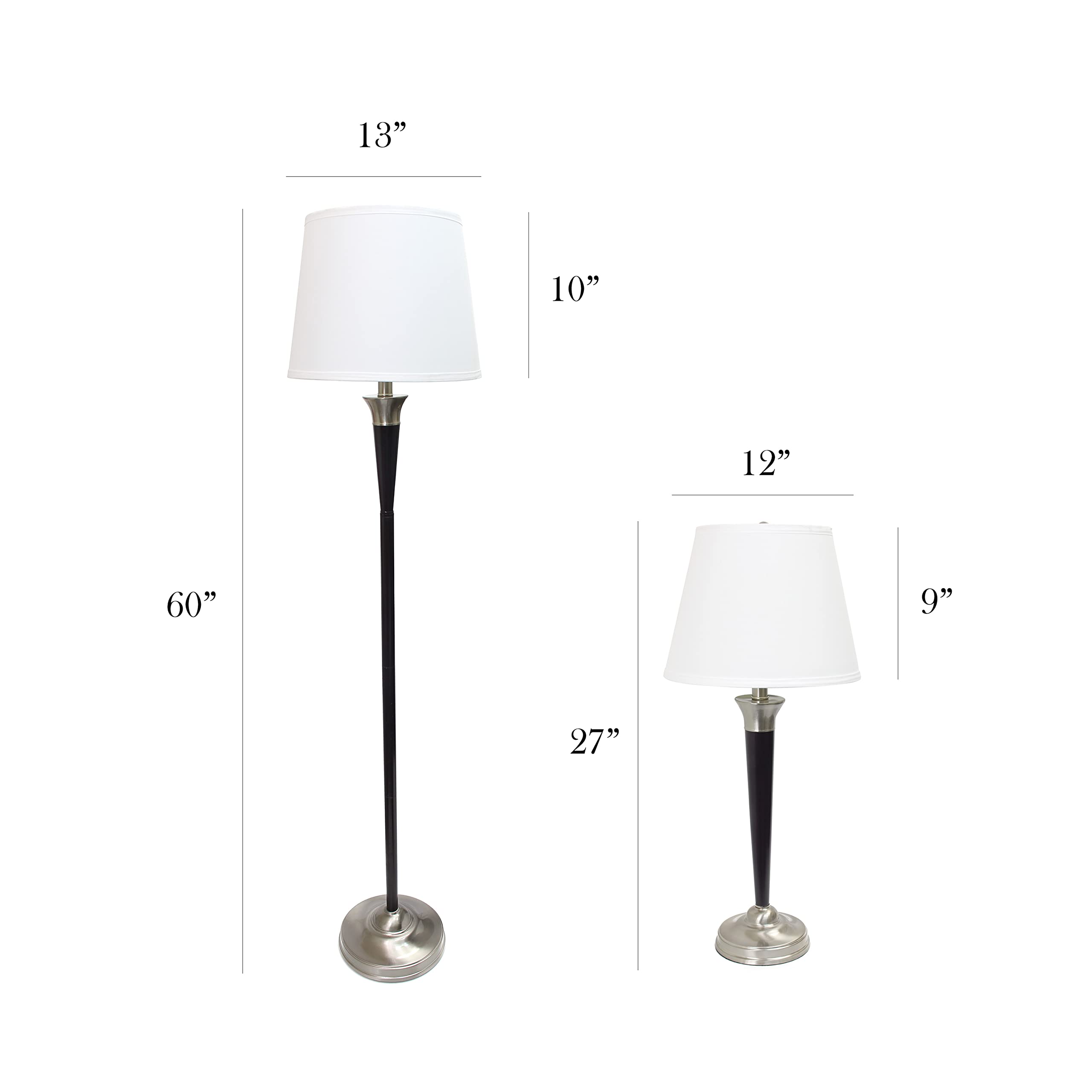 Elegant LC1018-MBC Malbec Black & Brushed Nickel 3-Piece Lamp Set (2 Table Lamps + 1 Floor Lamp) with White Fabric Shades - Modern Lighting for Living Room, Bedroom & Office Decor