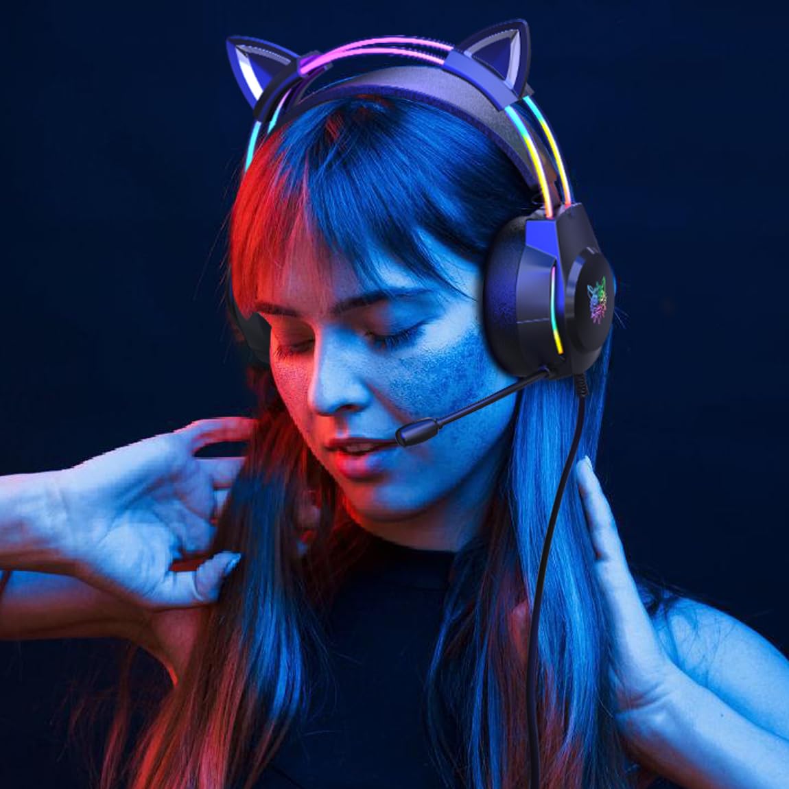 Cat Ear Gaming Headset with Microphone - RGB Rainbow LED Lights & Virtual 7.1 Surround Sound - Wired Over-Ear Headphones for PC, Laptop, PS4, PS5, Xbox, Nintendo Switch - Perfect for Streaming, Esports & Late-Night Gaming Sessions