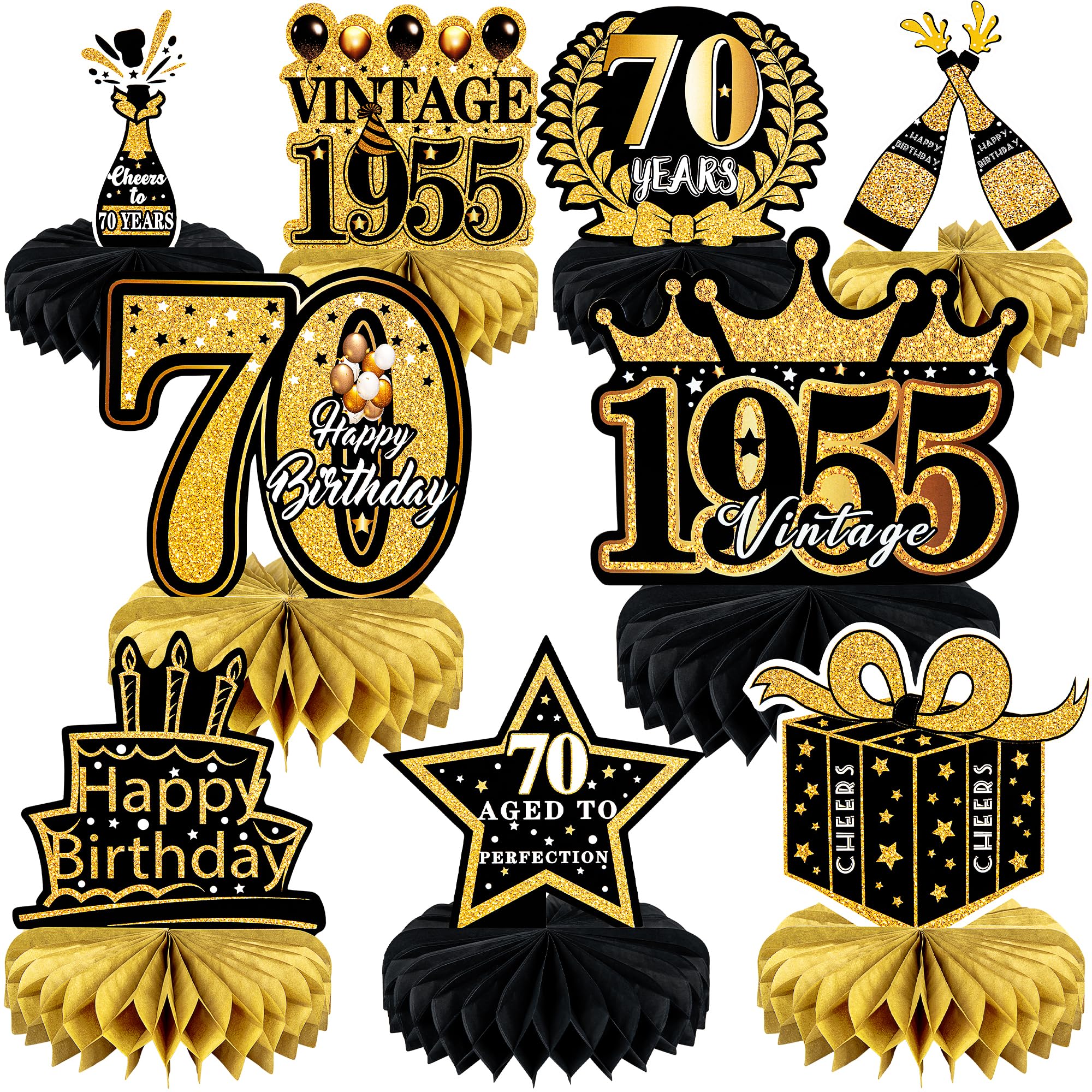 9-Piece 70th Birthday Decoration Set for Men & Women - Black & Gold Honeycomb Centerpieces, Table Decor - Cheers to 70 Years Party Favors (1955 Theme) - Perfect for Milestone Celebrations, Retirement Parties & Anniversary Events