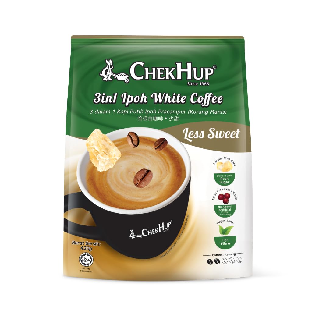 Chek Hup 3-in-1 Ipoh White Coffee Low Sugar - 12 Sachets (8 Pack) - Perfect for Office, Travel & Home Brewing