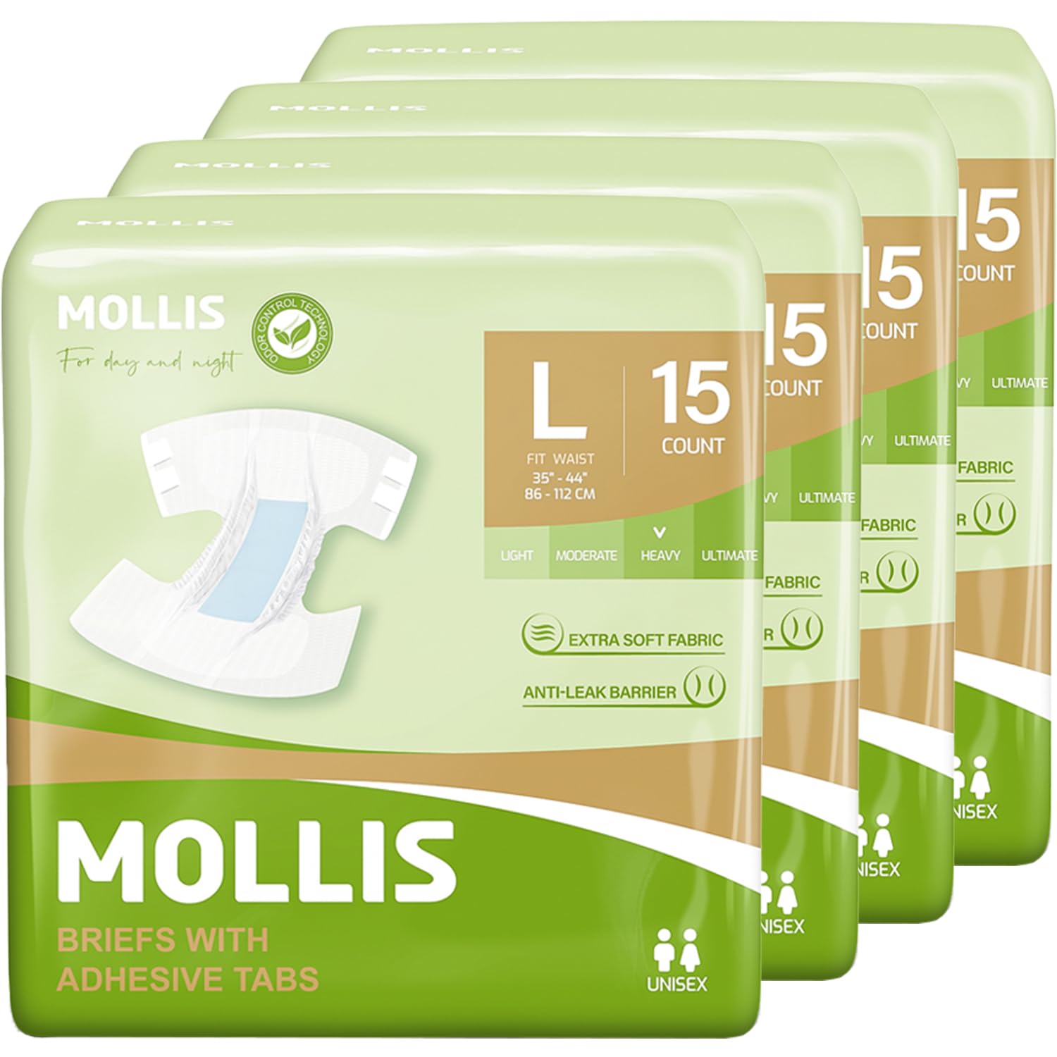 MOLLIS Adult Diapers for Women & Men - Unisex Disposable Incontinence Briefs with Tabs - Odor Control & Leak Protection - Large Size (60 Count, 4 Packs of 15) - Ideal for Overnight Use, Travel & Post-Surgery Care