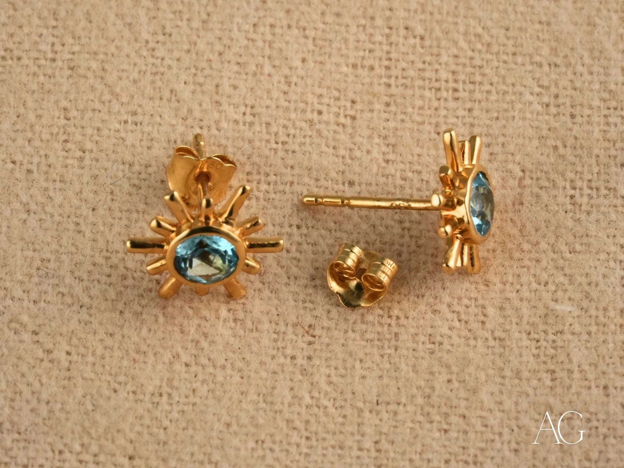 18k Gold Blue Topaz Stud Earrings - Dainty Celestial Jewelry for Women | Perfect for Weddings, Parties & Everyday Elegance