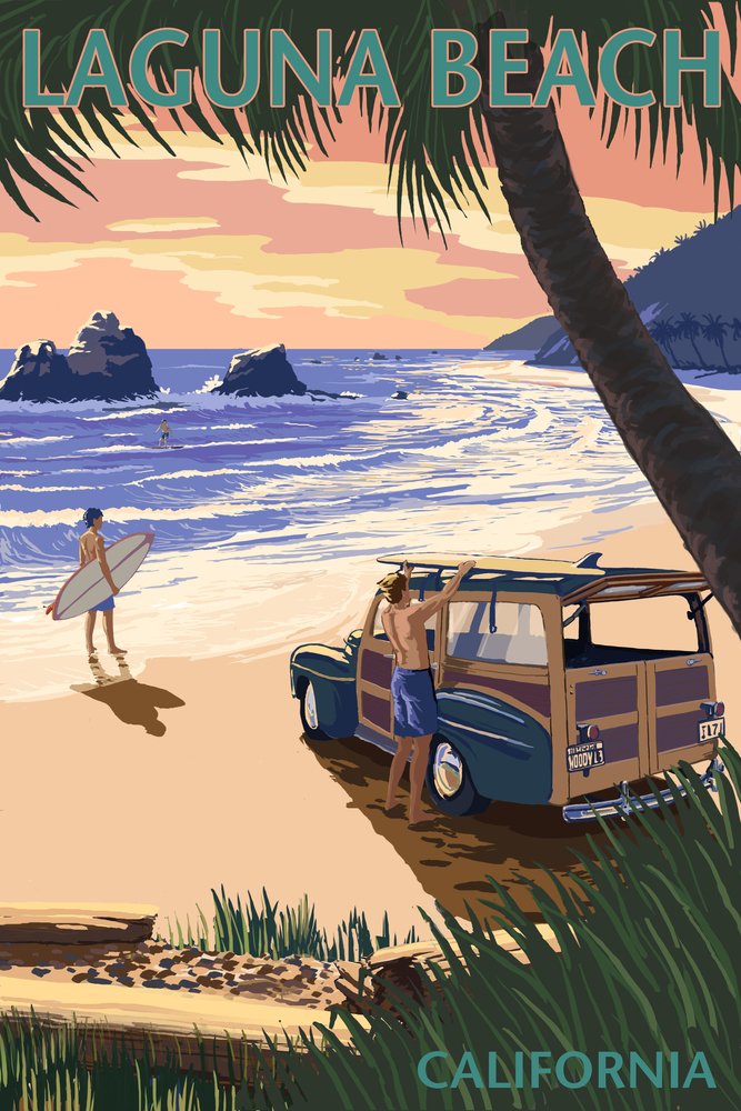 Laguna Beach California Landscape Art - Woody on the Beach with Palm Trees, 16x24 Wrapped Canvas Wall Decor for Living Room, Bedroom, or Office