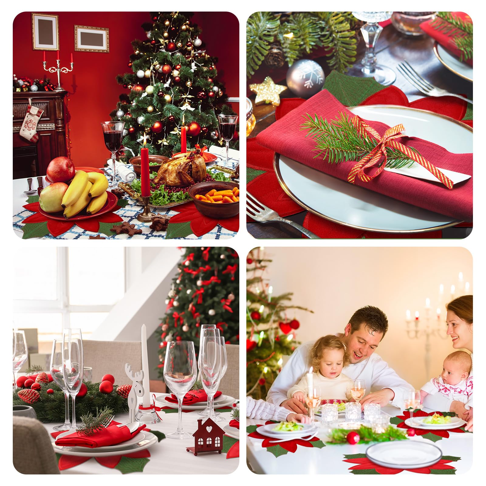 6 Pcs Christmas Poinsettia Embroidered Placemats - Double Layer Holiday Table Mats with Red Applique for Dining Table Decor, Christmas Party, and Festive Home Decoration