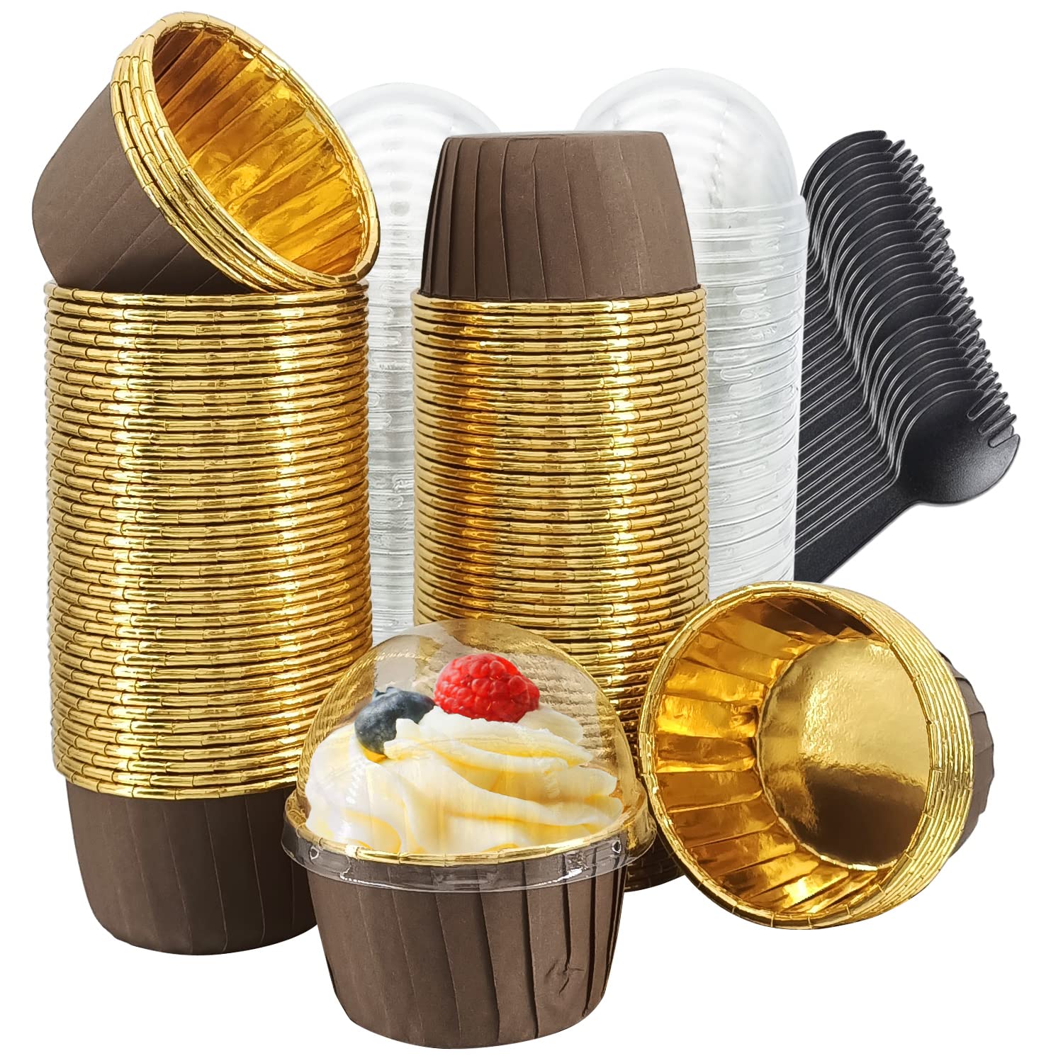 100-Pack Disposable Brown & Gold Foil Muffin Cups with Lids - 3.5Oz Baking Liners for Cupcakes & Mini Muffins - Includes Free Spoons - Perfect for Home Baking, Party Treats & Holiday Desserts