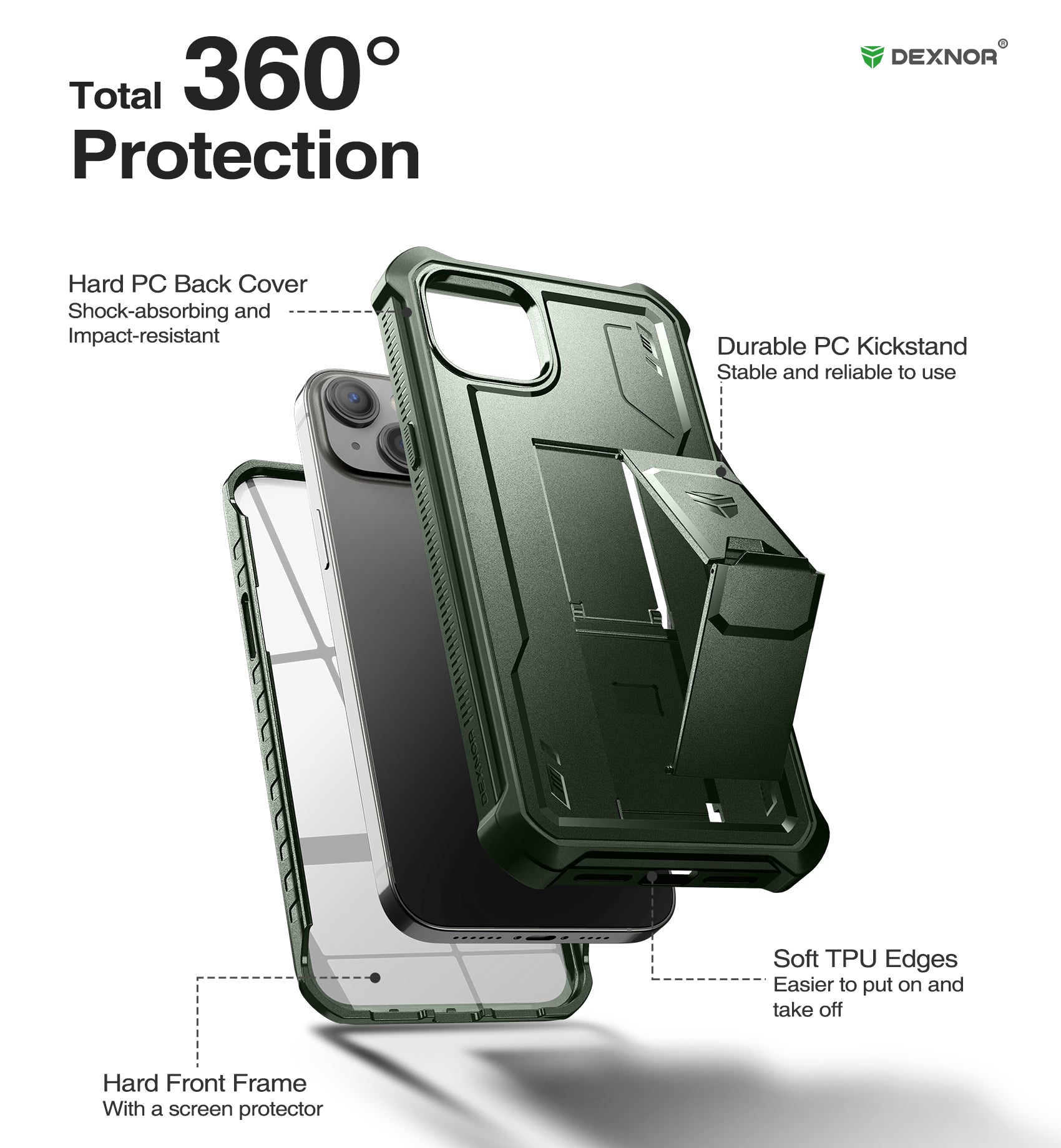 Dexnor Heavy Duty Shockproof iPhone 14 Plus Case with Built-in Screen Protector & Adjustable Kickstand - Perfect for Outdoor Activities, Travel, and Daily Protection