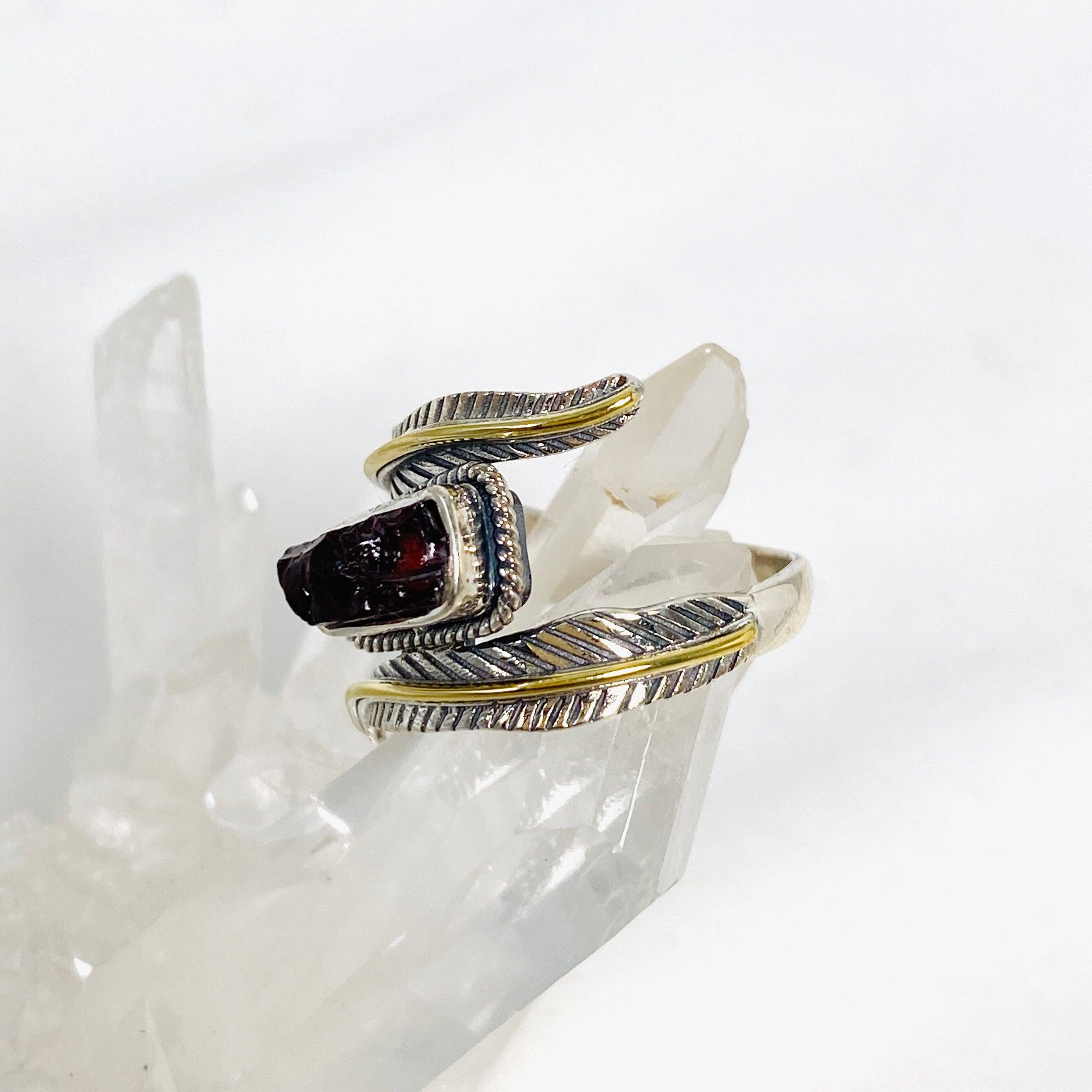 Garnet Leaf Setting Raw Sterling Silver Ring R4224 for Women - Elegant Bohemian Jewelry for Everyday Wear & Special Occasions