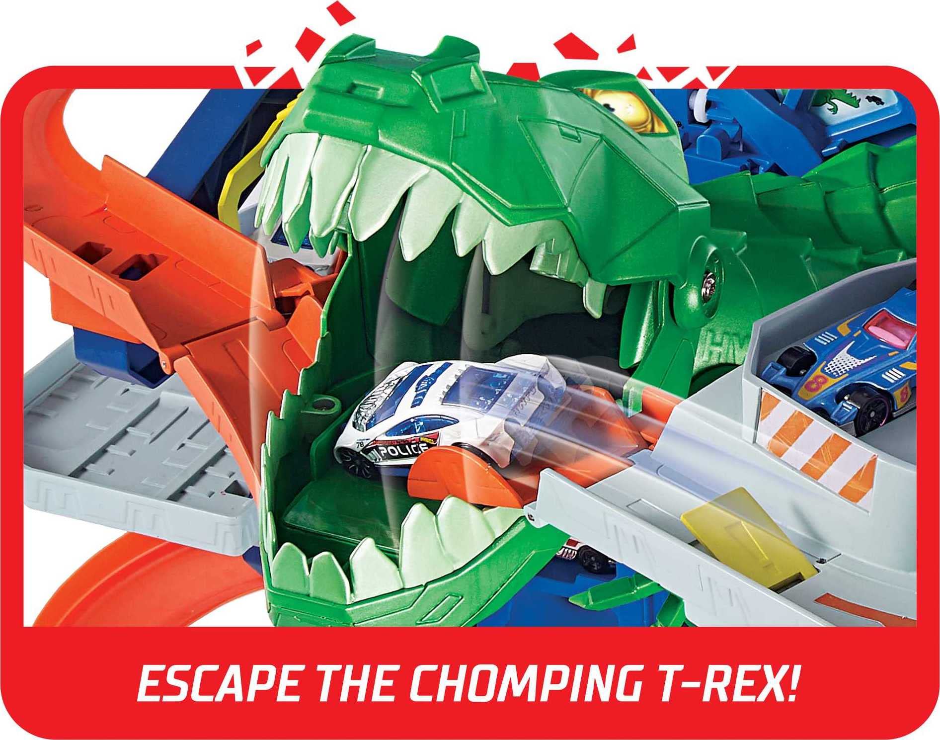 Hot Wheels Ultimate Garage with Moving Dinosaur - 100+ 1:64 Scale Vehicle Storage (Amazon Exclusive) + Mega Track Pack (40-ft of Track) + 10 Toy Cars Set - Perfect for Kids Playroom, Birthday Gifts & Race Track Adventures