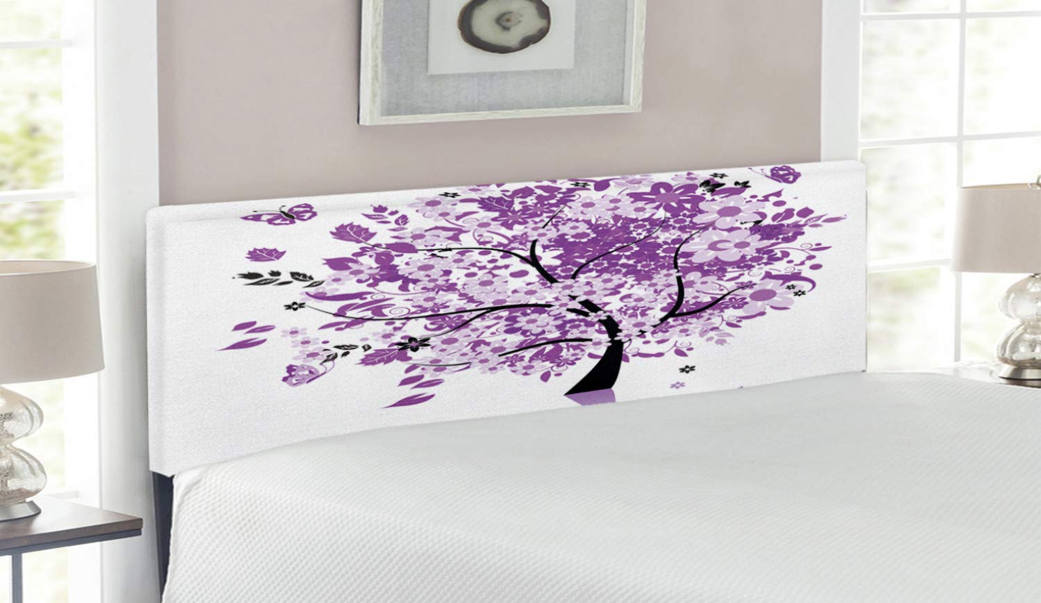 Ambesonne Nature Upholstered Headboard - Queen Size Lilac Purple, Spring Tree of Life Design with Blooming Flowers & Butterflies, Decorative Metal Bed Frame with Memory Foam | Perfect for Master Bedroom, Guest Room & Bohemian Home Decor