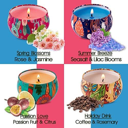 Premium Scented Soy Wax Candles Gift Set - Rose Jasmine, Orange Coffee & Seasalt Lilac Fragrances (4-Pack) | Natural Travel Tin Candles for Home Decor, Romantic Dinner, Spa Relaxation & Party Ambiance