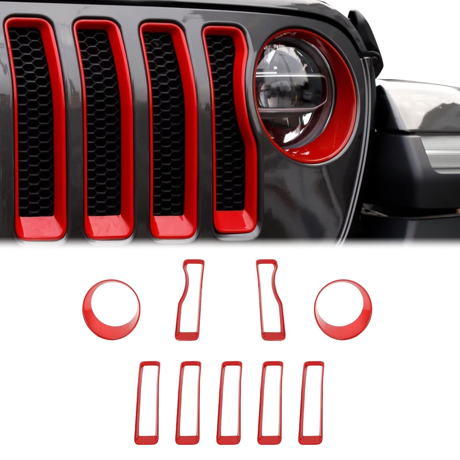 RT-TCZ Red Mesh Front Grille Grill Insert & Headlight Cover Trim for Jeep Wrangler JL/JLU (2018-2022) - 9-Piece Exterior Accessories Kit - Off-Road Protection & Stylish Upgrade
