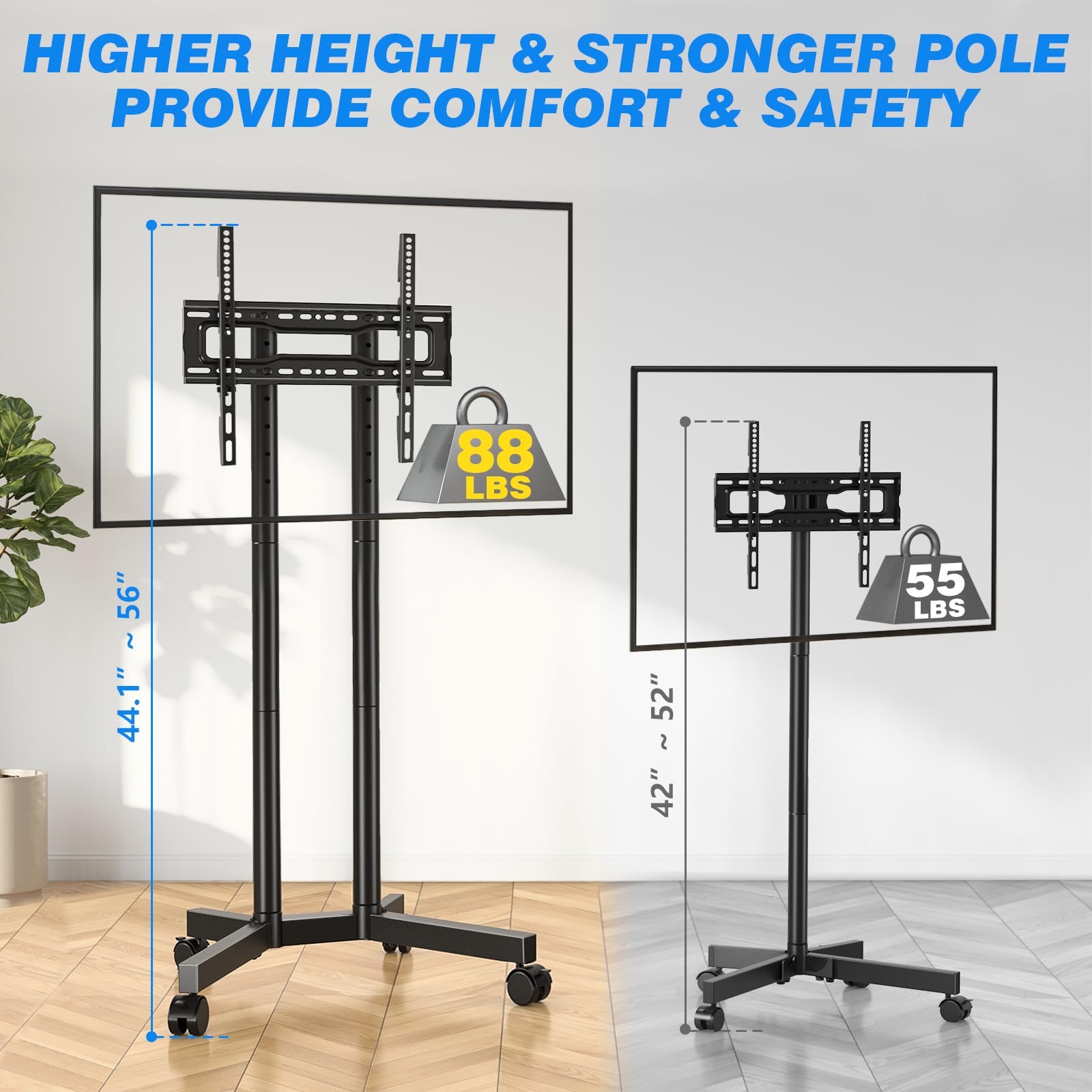 Upgraded Rolling TV Stand for 32-70 Inch TVs - Heavy Duty Mobile TV Cart with Smooth Wheels (Supports 88lbs) - Height Adjustable TV Mount Stand for Living Room, Bedroom & Office - Perfect for Home Entertainment & Space-Saving Solutions