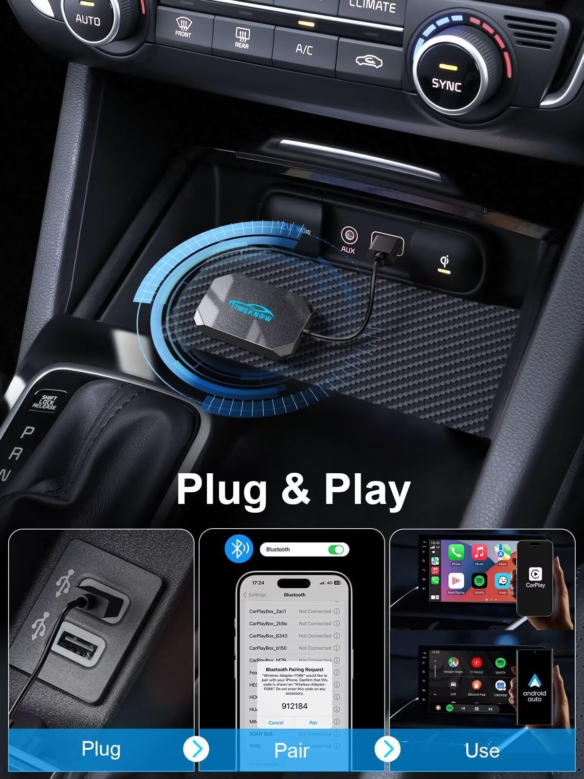 Wireless CarPlay Adapter for iPhone - Convert Wired to Wireless CarPlay & Android Auto, Plug and Play USB Dongle Compatible with Apple iOS 10+ & Cars 2017+, Gray | Seamless Music Streaming & Hands-Free Calling While Driving