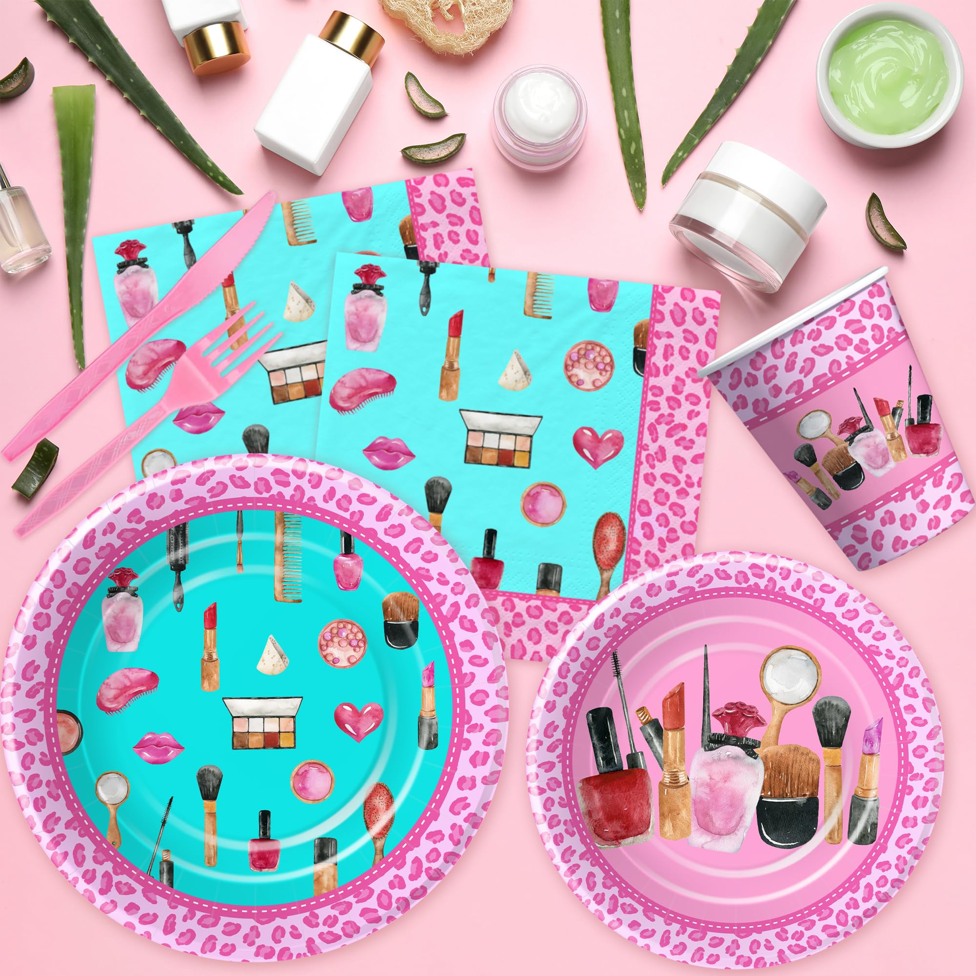 Girls Spa Birthday Party Supplies - Spa Makeup Theme Party Decorations Set with Plates, Cups, Napkins, Tablecloth & Cutlery | 24-Piece Dinnerware for Spa Day Celebrations, Bridal Showers & Girls Night In