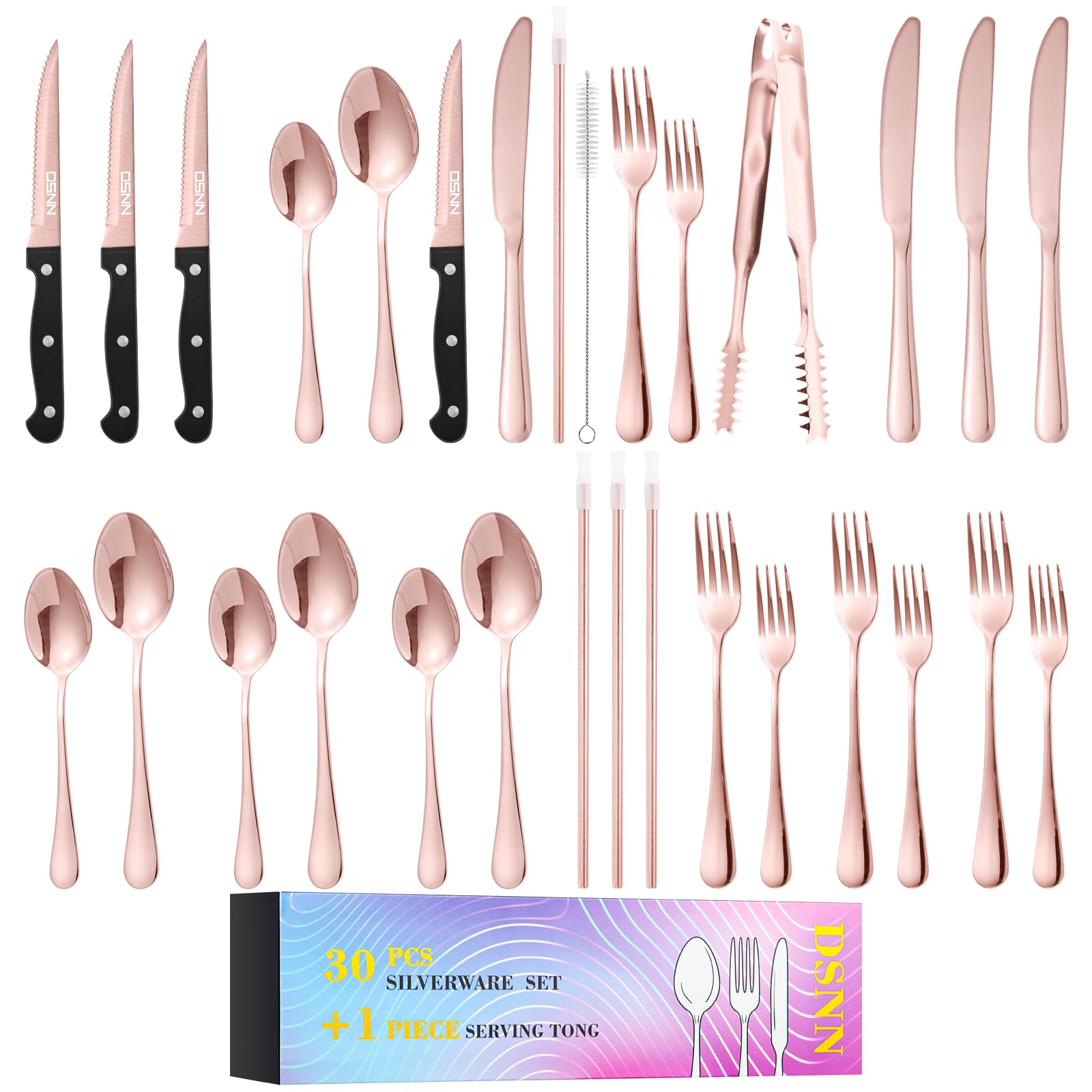 30-Piece Rose Gold Silverware Set with Serving Tong & Metal Straws - Stainless Steel Flatware Cutlery Set for 4 - Includes Forks, Spoons & Knives - Elegant Dining & Party Serving Essentials - DSNN Home Kitchen Utensils