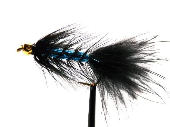 Premium Wooly Bugger Black Flash Blue Bead Head Streamer Flies - Set of 3 (Size 6 Hooks) - Perfect for Trout, Bass & Fly Fishing Adventures