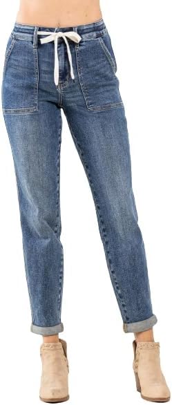 Judy Blue Women's High Waist Medium Wash Drawstring Jogger Pants - Double Cuffed Ankle Sweatpants 88779 | Casual Lounge Wear, Yoga, Running & Travel Outfit