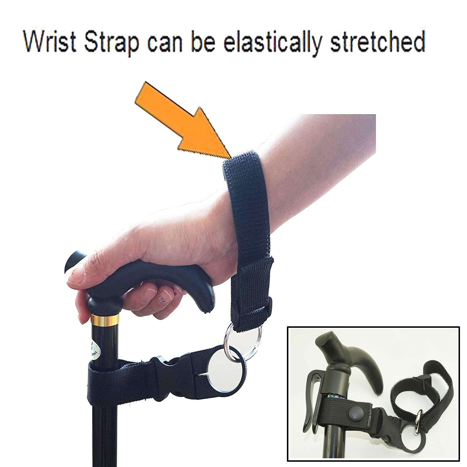 Adjustable Elastic Wrist Straps & Hands-Free Walking Cane Holder - Secure Attachment to Belt or Waistband (Fits 7/8