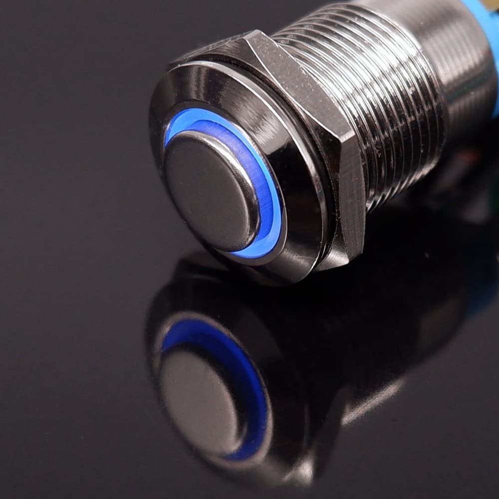 12mm Metal Push Button Switch with LED Light - 3V-6V (5V) Power Switch for PC, Car Engine, Doorbell - High Head Blue, Latching Function - 24V/110V Compatible - Perfect for DIY Electronics, Automotive, and Home Automation Projects