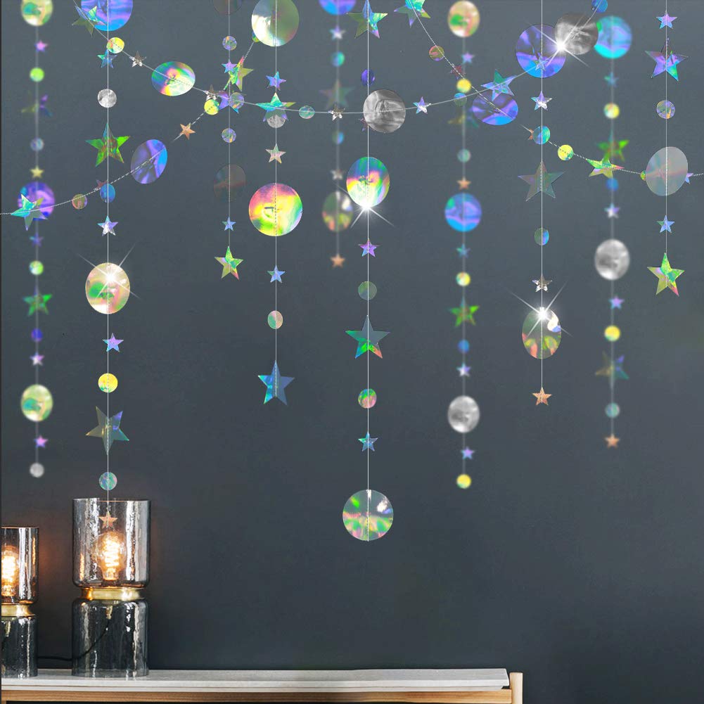 Cheerland Iridescent Star Garland - Holographic Hanging Stars & Moon Decor for Galaxy Themed Parties, Baby Showers, Weddings, Ramadan, Eid Celebrations | Perfect for Space-Themed Birthday Decorations, Celestial Backdrops & Alien Party Decorations
