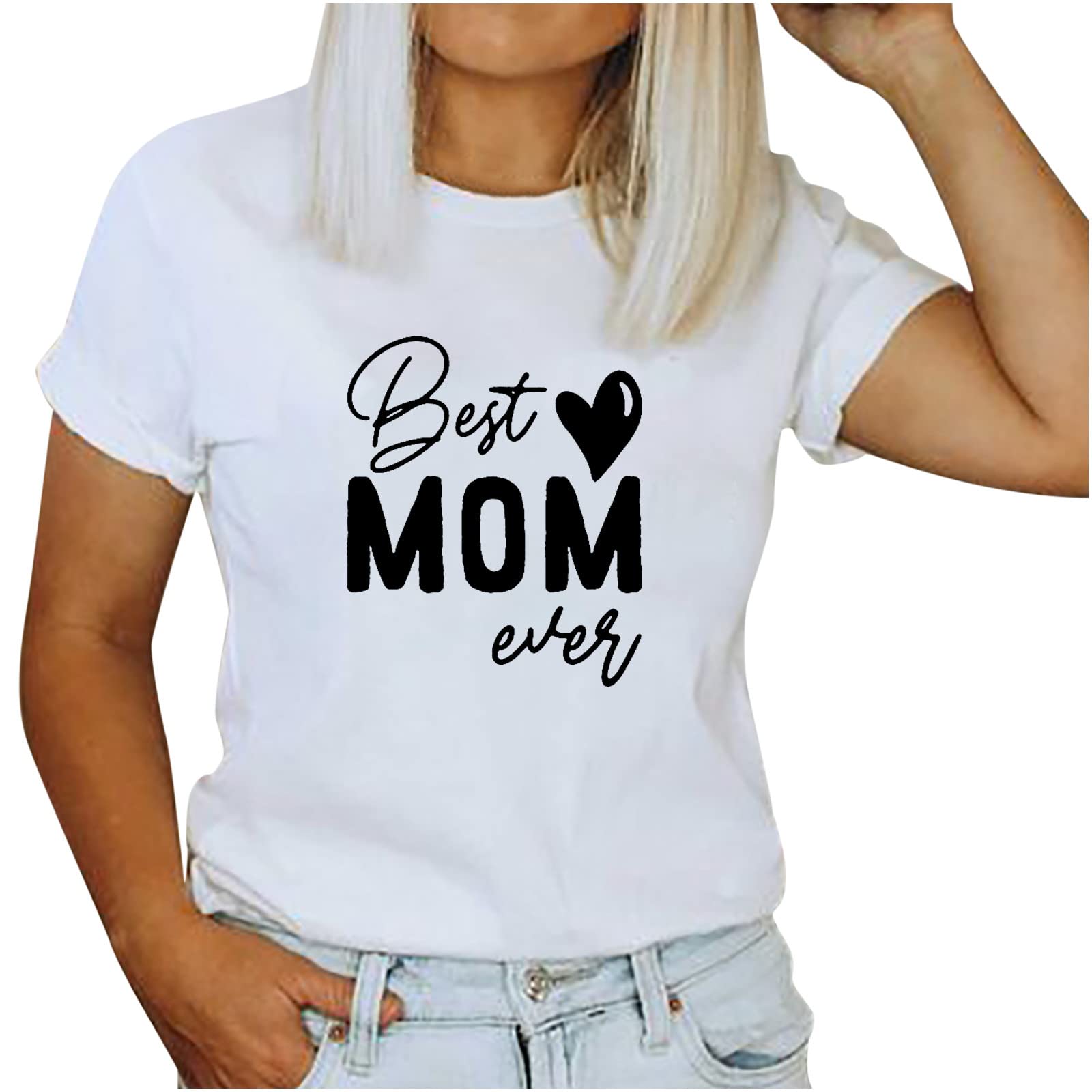 Best Mom Ever Graphic T-Shirt - Funny Mother's Day Pullover Blouse for Women - White Short Sleeve Crew Neck Top - Perfect Gift for Birthday, Christmas & Family Gatherings