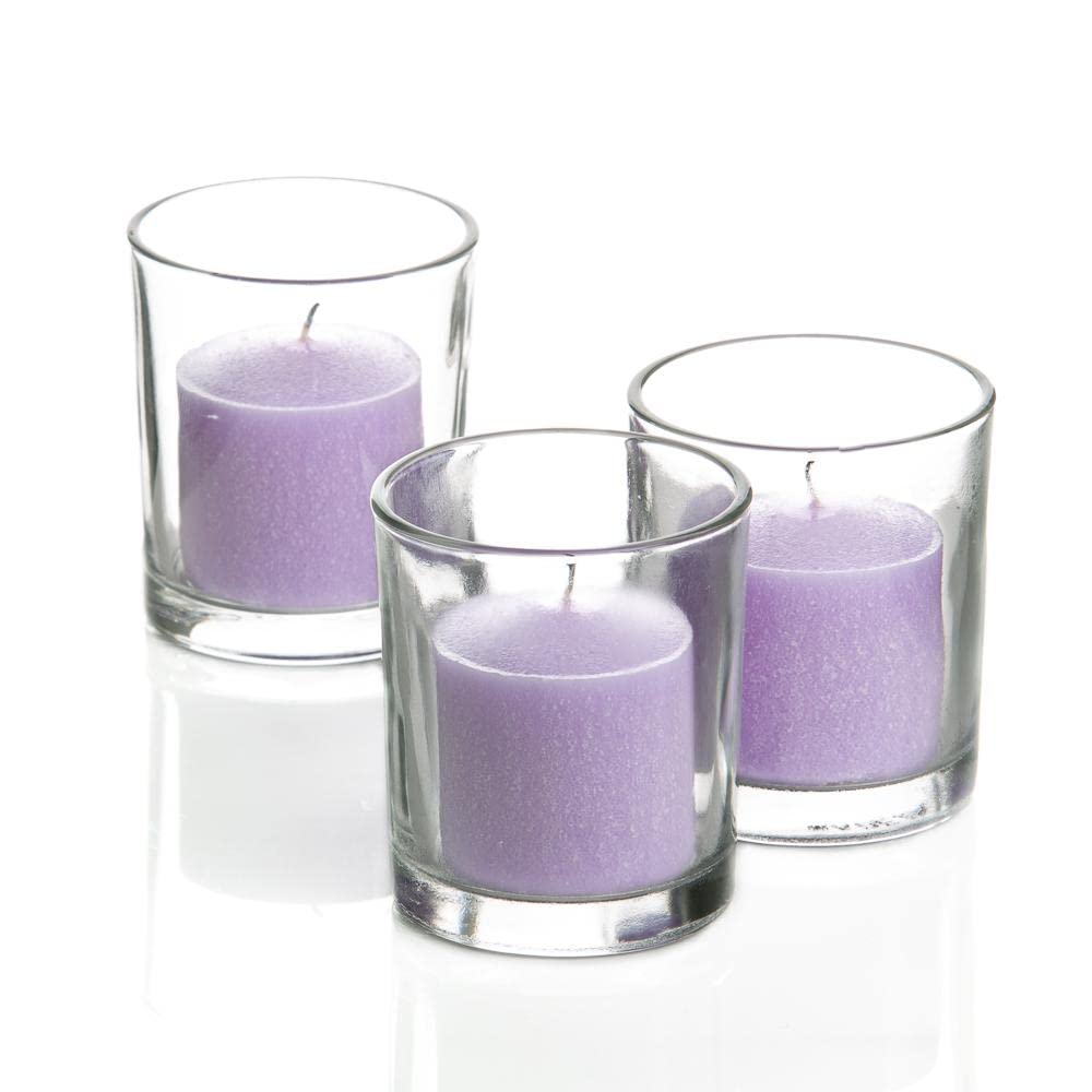 144 Lavender Scented Richland Votive Candles with 144 Clear Glass Eastland Holders - Perfect for Weddings, Spa Relaxation & Home Decor