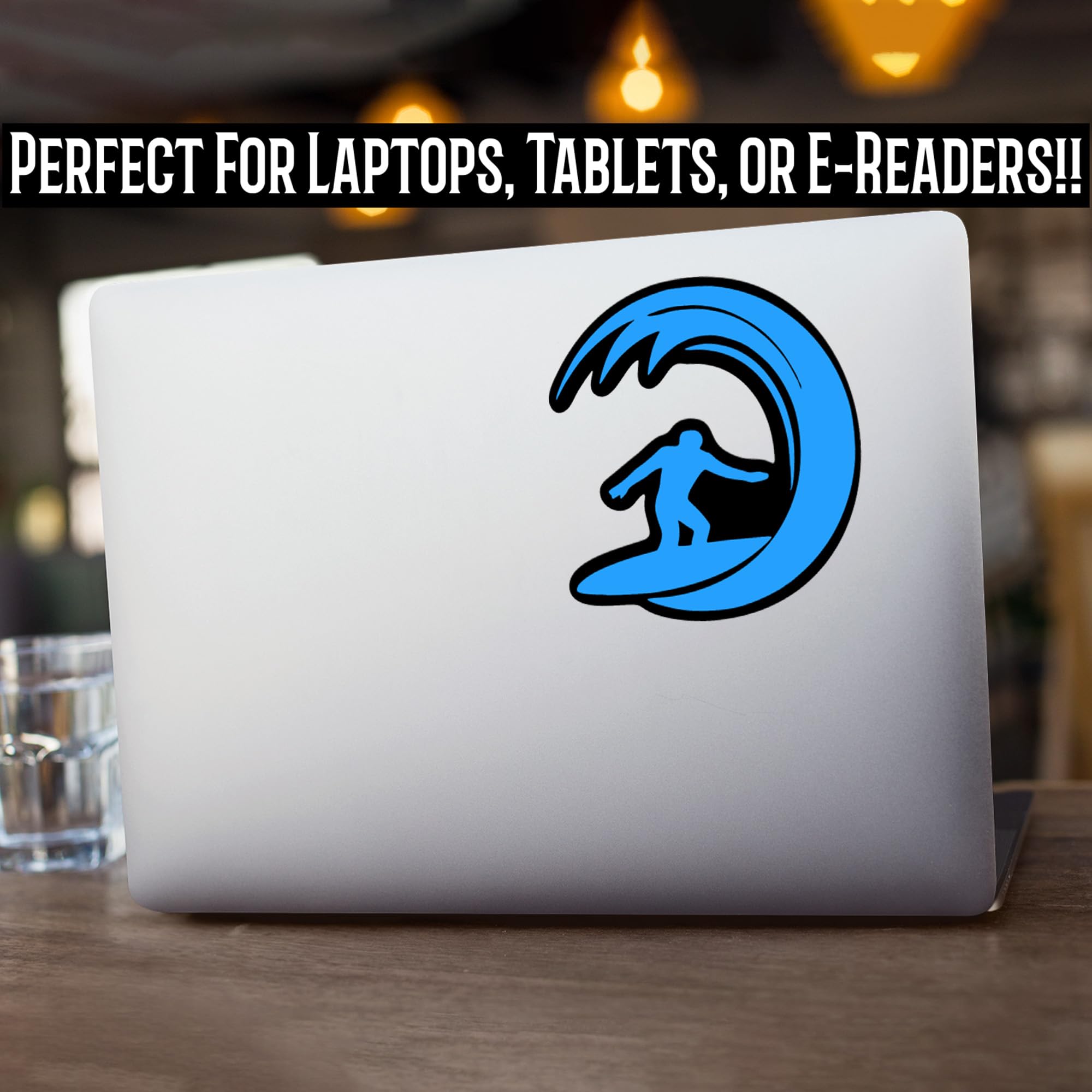 Waterproof Surfing Wave Vinyl Decal Sticker - Light Blue on Black - 5 Inch Car, Truck, Laptop, Cup & Wall Sticker - Beach Ocean Theme Design (KCD810LBL) - Perfect for Surfers, Beach Lovers & Outdoor Enthusiasts