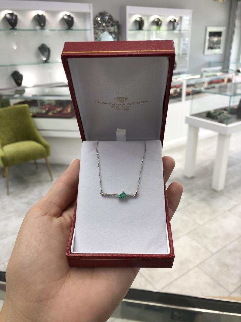 14K Gold Natural Pear Cut Emerald & Diamond Accent Bar Necklace | Elegant Jewelry for Weddings, Parties & Special Occasions