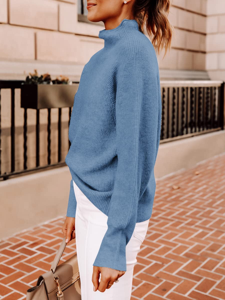 Yousify Women's Ribbed Mock Neck Batwing Sleeve Sweater - Loose Knit Pullover Jumper Top for Casual Wear, Office & Fall Outfits