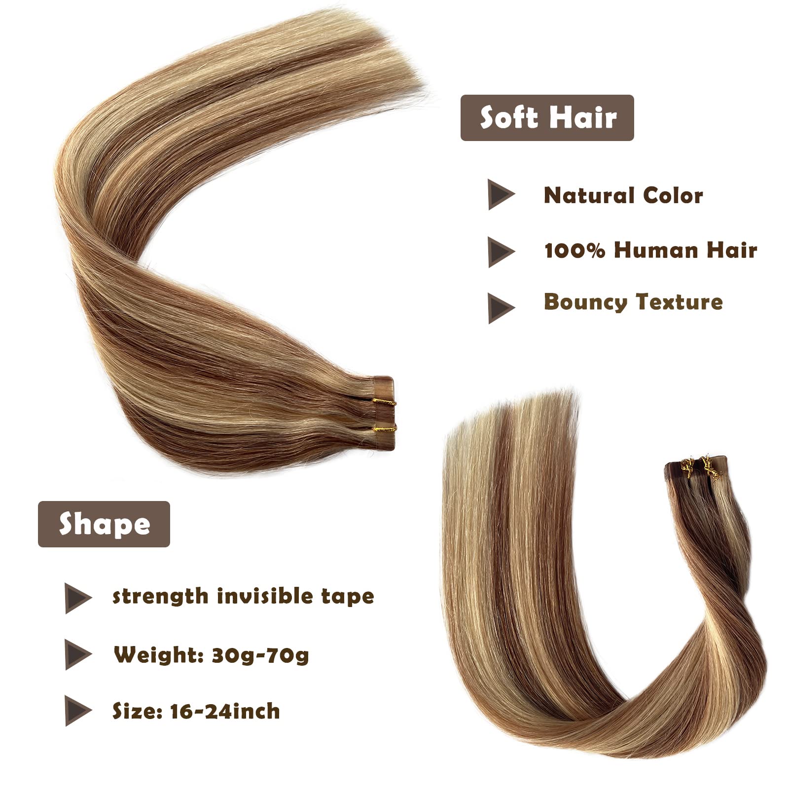 Remy Tape-in Human Hair Extensions - Golden Brown with Bleach Blonde Highlights Balayage | Natural Skin Weft Real Hair Extensions for Women | Perfect for Daily Wear, Special Occasions & Styling