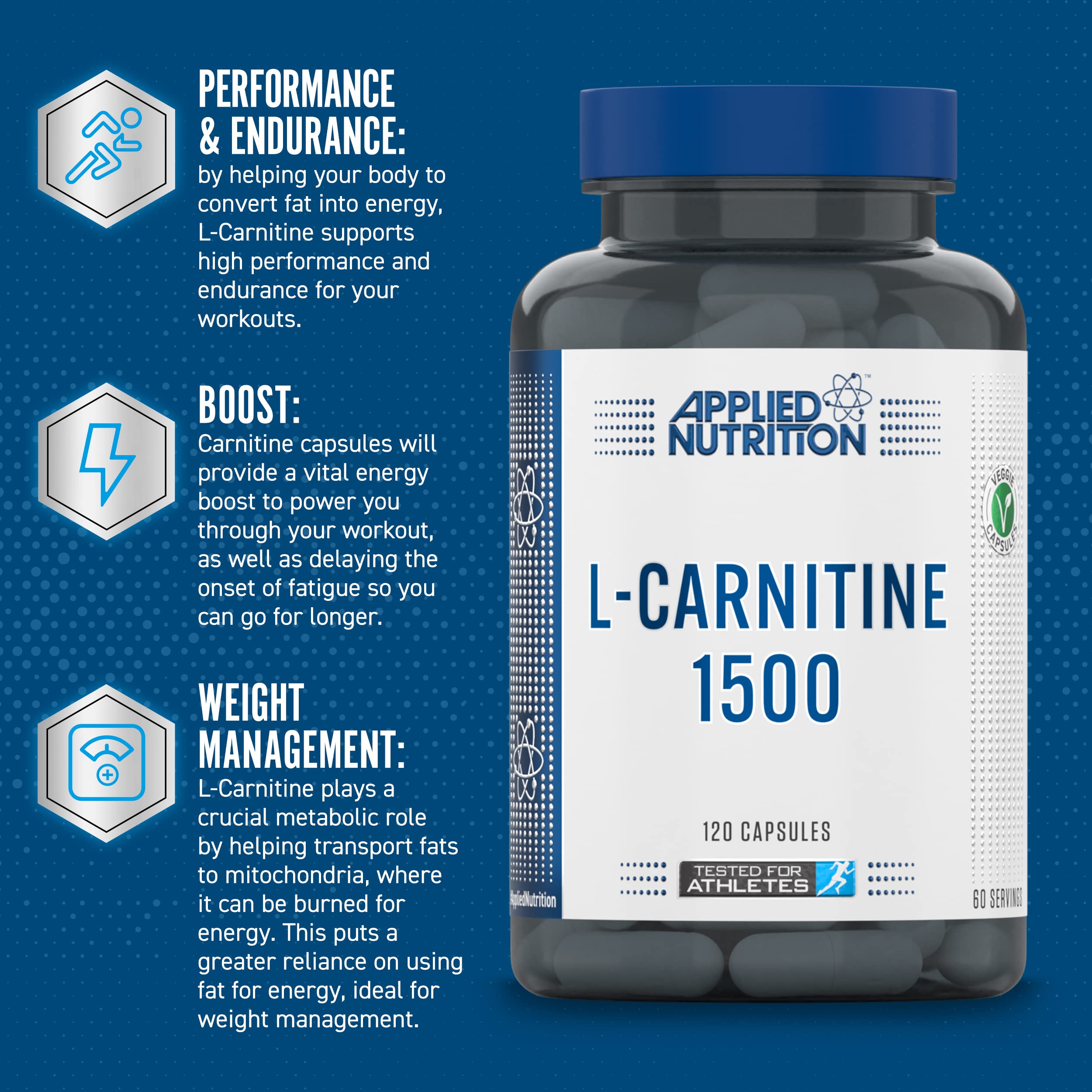 Applied Nutrition L-Carnitine 1500mg - 120 Capsules | Premium Fat Burner & Energy Booster Supplement for Weight Loss, Workout & Athletic Performance