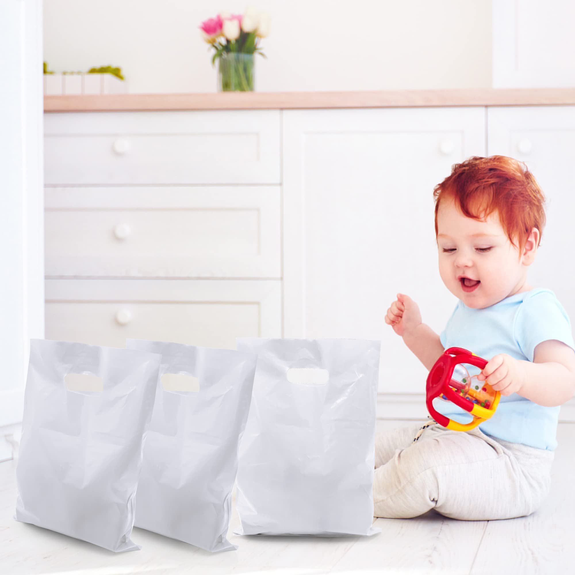 40PCS White Die Cut Plastic Gift Bags - Durable Party Favor Bags for Candy, Treats & Small Gifts | Perfect for Birthday Parties, Baby Showers & Wedding Favors