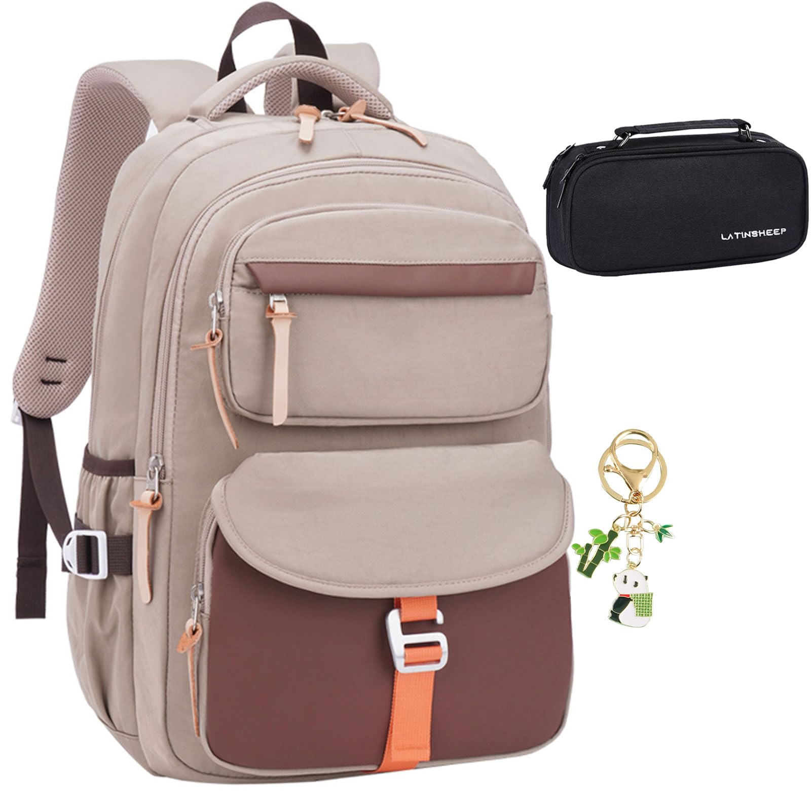 Durable Large Capacity Backpack for Boys Age 6-12 - School Bookbag with Pencil Case & Keychain - Perfect for School, Travel & Outdoor Activities (Khaki)